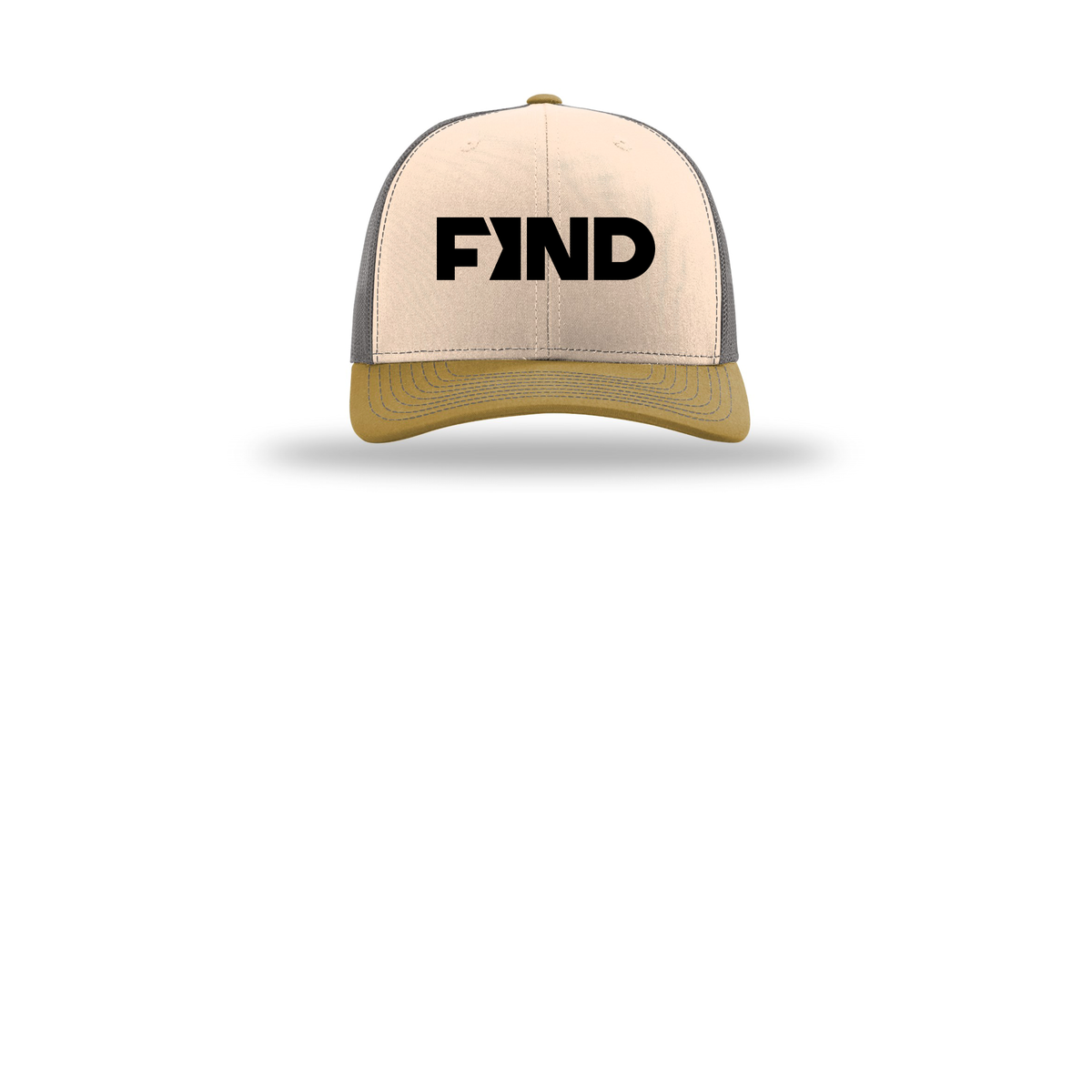 findrealestate-richardson-trucker-cap-embroidery-capfront-R112-minkbeigecharcoalambergold-flat-front