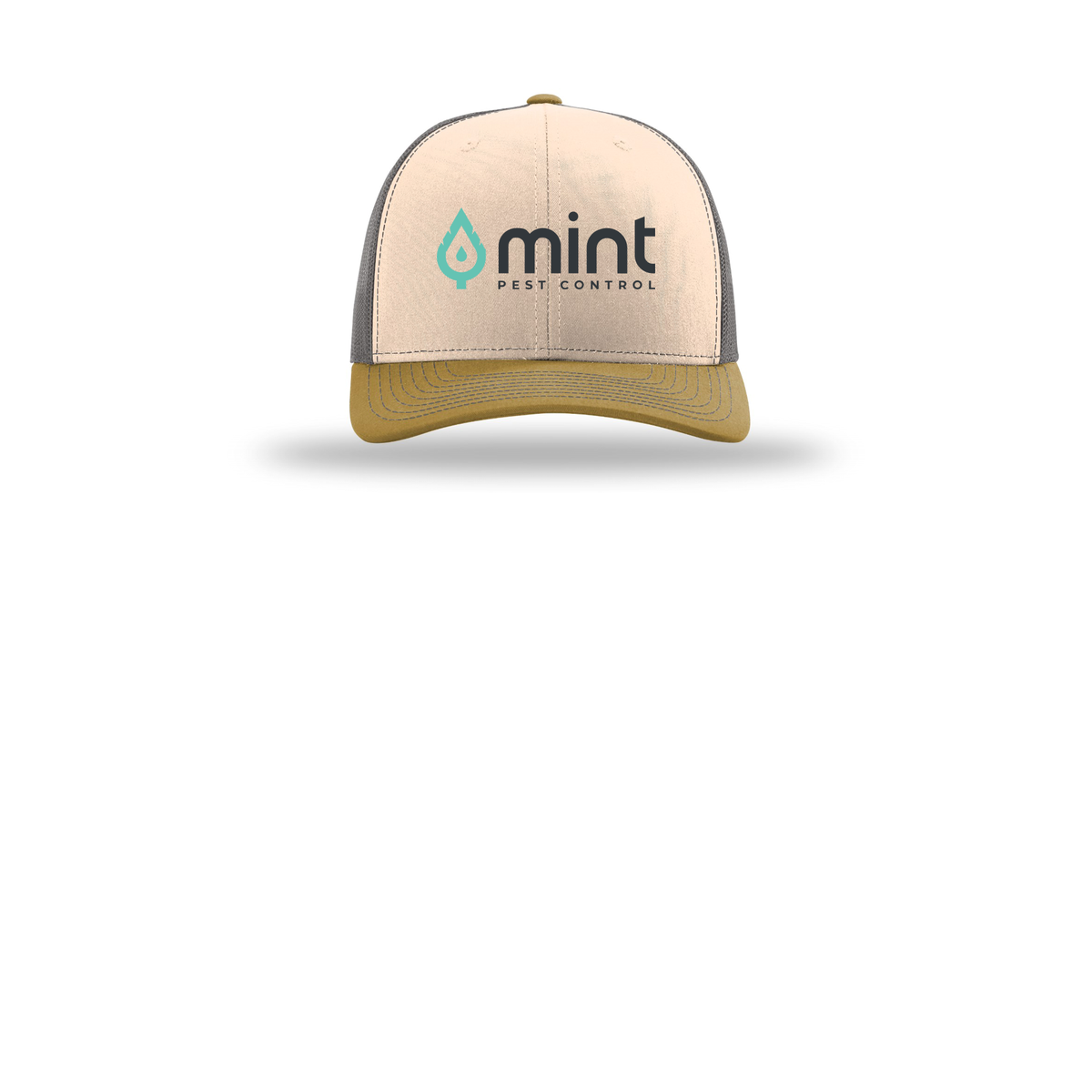 mintpest-richardson-trucker-cap-embroidery-capfront-R112-minkbeigecharcoalambergold-flat-front