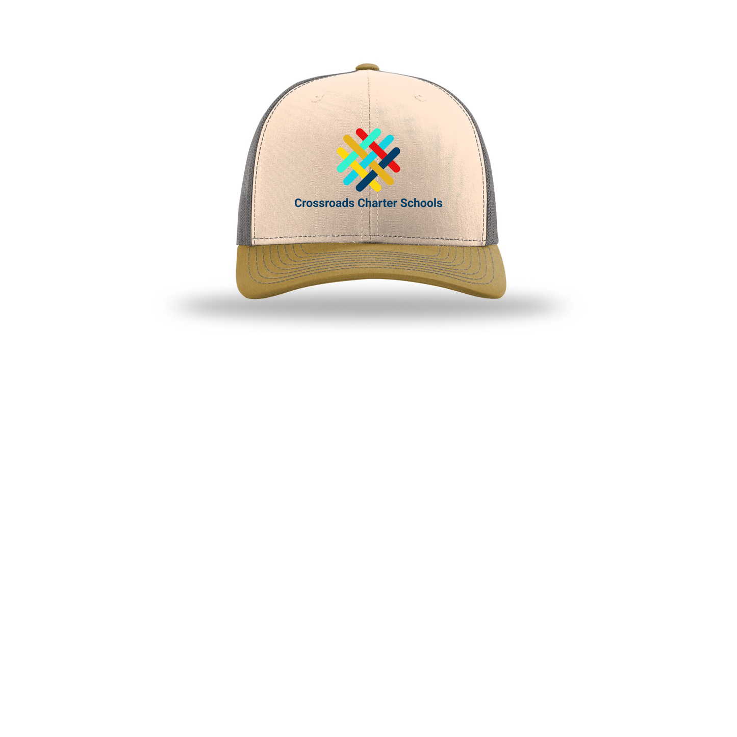 crossroadsschoolskc-richardson-trucker-cap-embroidery-capfront-R112-minkbeigecharcoalambergold-flat-front