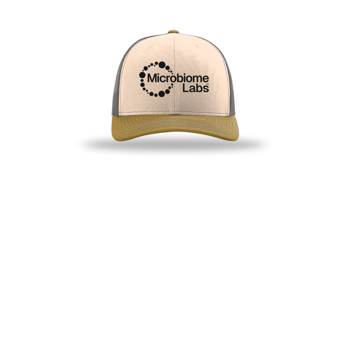 microbiomelabs-richardson-trucker-cap-embroidery-capfront-R112-minkbeigecharcoalambergold-flat-front