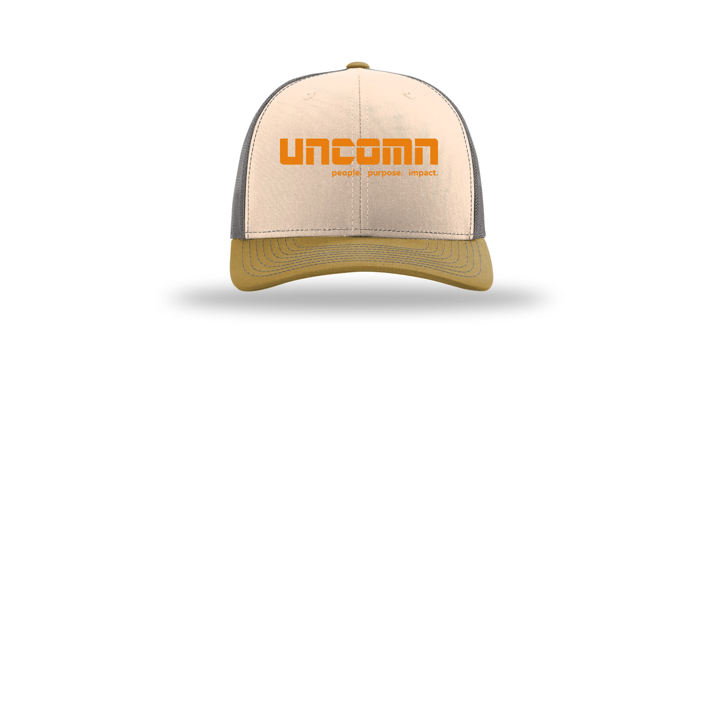 uncomn-richardson-trucker-cap-embroidery-capfront-R112-minkbeigecharcoalambergold-flat-front