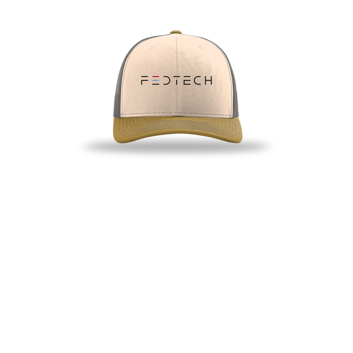 fedtech-richardson-trucker-cap-embroidery-capfront-R112-minkbeigecharcoalambergold-flat-front