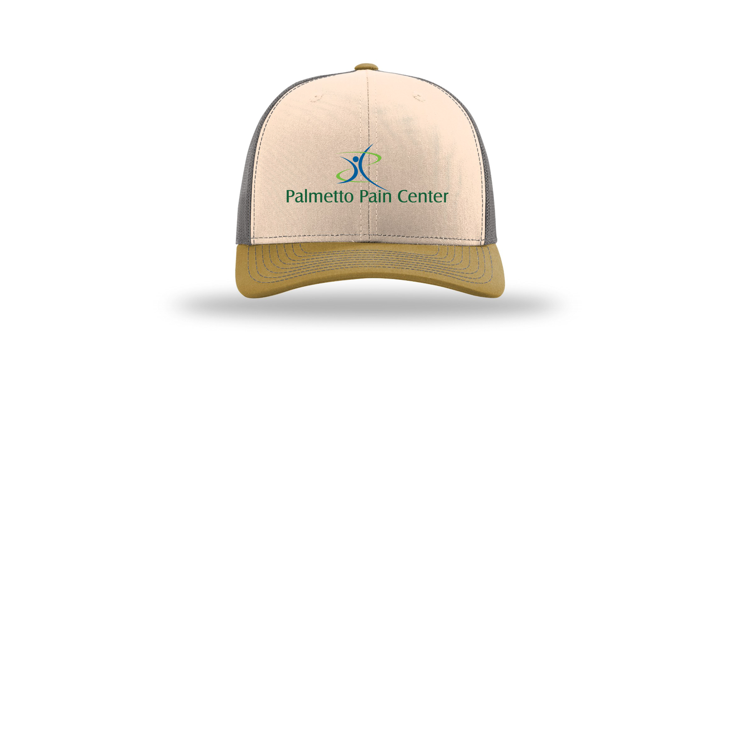 palmetto-pain-center-richardson-trucker-cap-embroidery-capfront-R112-minkbeigecharcoalambergold-flat-front