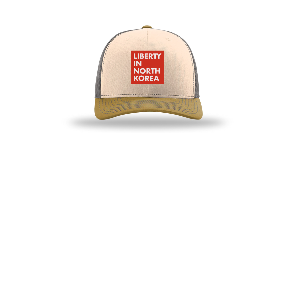 libertyinnorthkorea-richardson-trucker-cap-embroidery-capfront-R112-minkbeigecharcoalambergold-flat-front