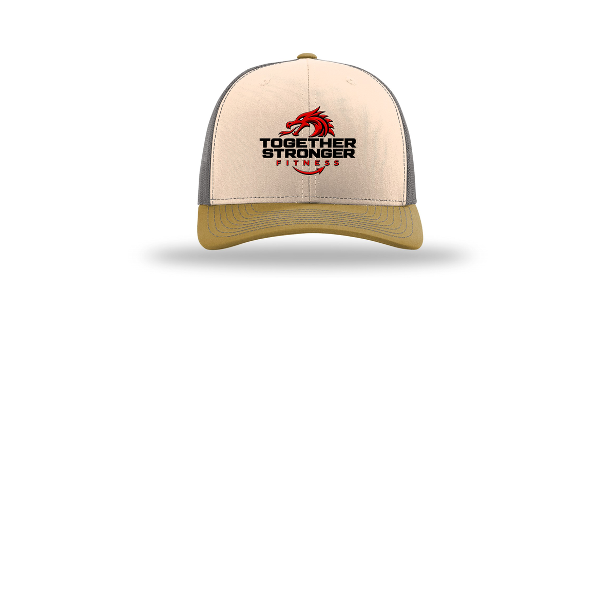 togetherstrongerfitness-richardson-trucker-cap-embroidery-capfront-R112-minkbeigecharcoalambergold-flat-front