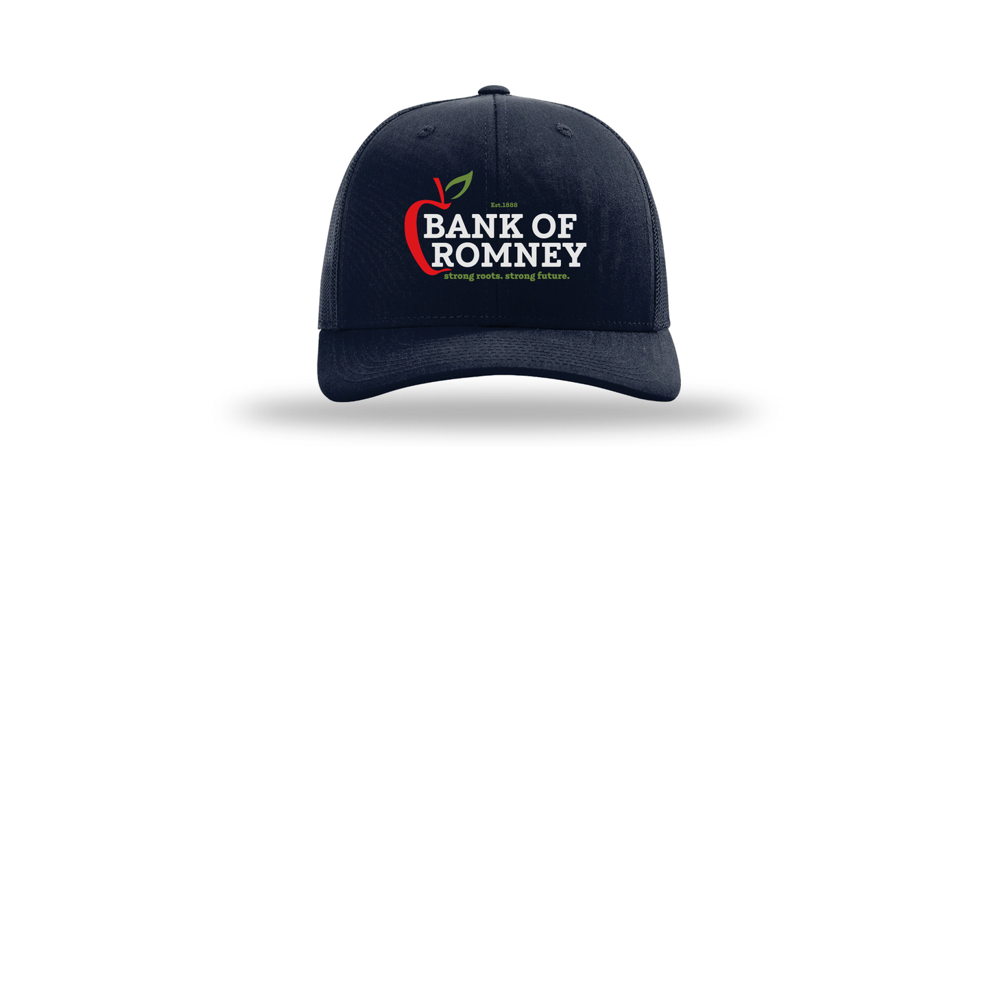 bankofromney-richardson-trucker-cap-embroidery-capfront-R112-navy-flat-front
