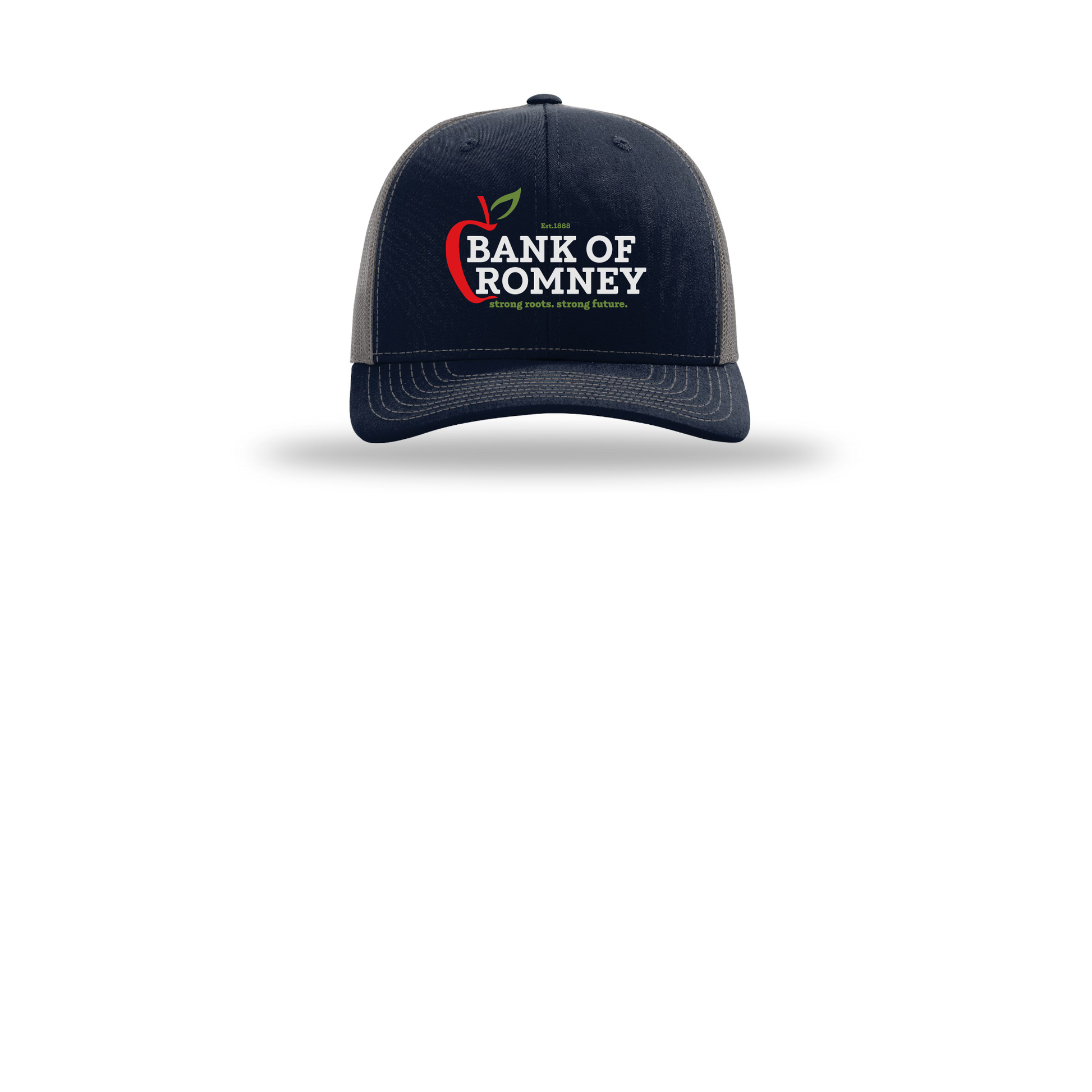bankofromney-richardson-trucker-cap-embroidery-capfront-R112-navycharcoal-flat-front