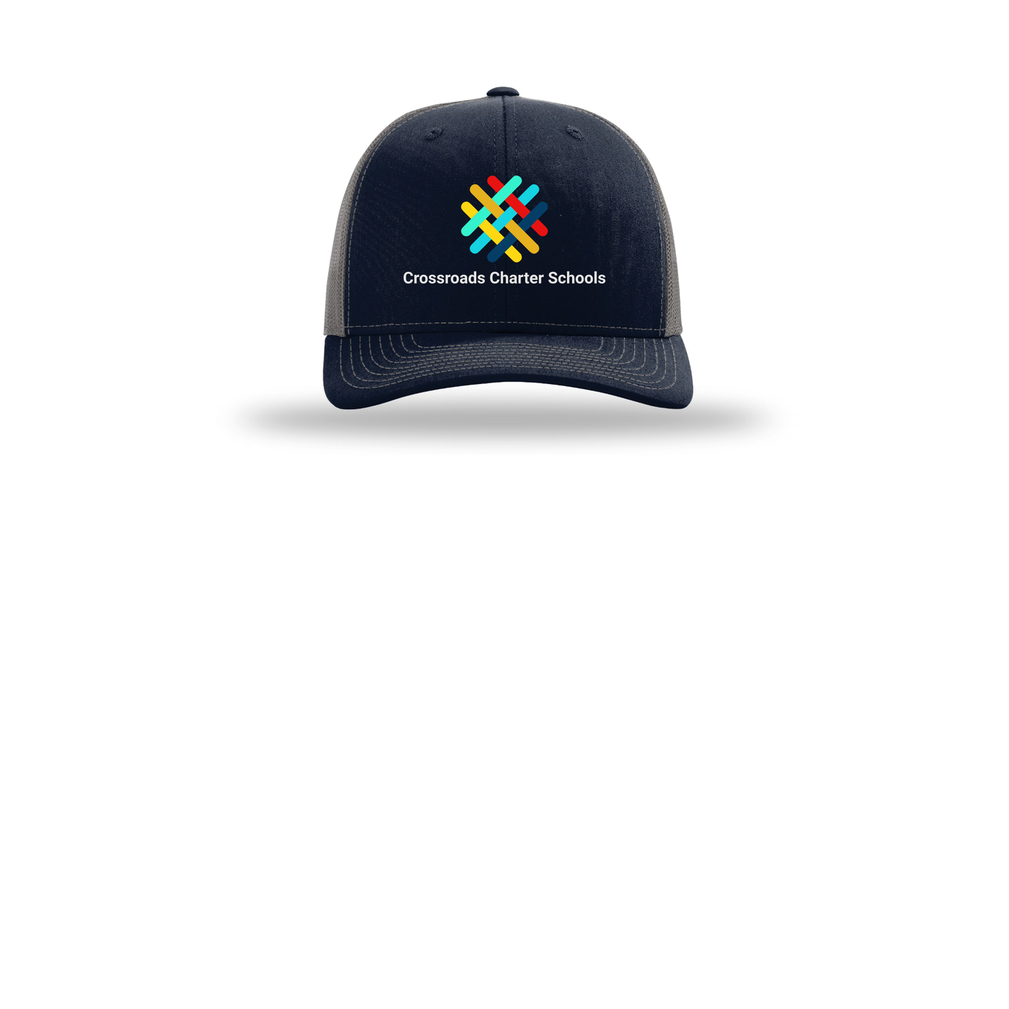 crossroadsschoolskc-richardson-trucker-cap-embroidery-capfront-R112-navycharcoal-flat-front