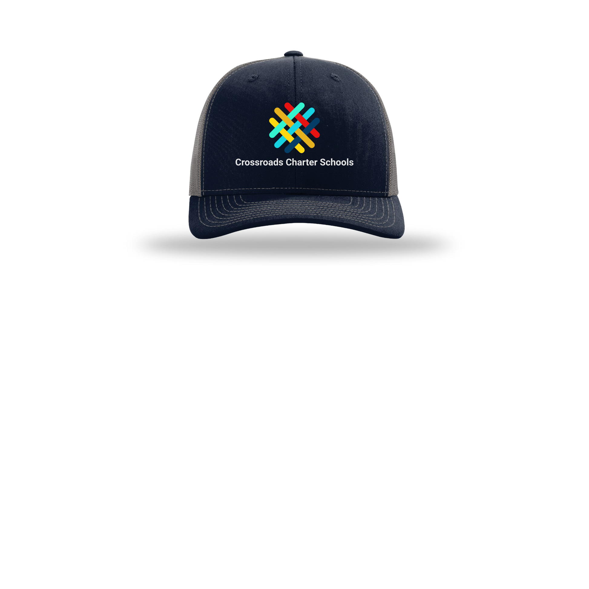 crossroadsschoolskc-richardson-trucker-cap-embroidery-capfront-R112-navycharcoal-flat-front