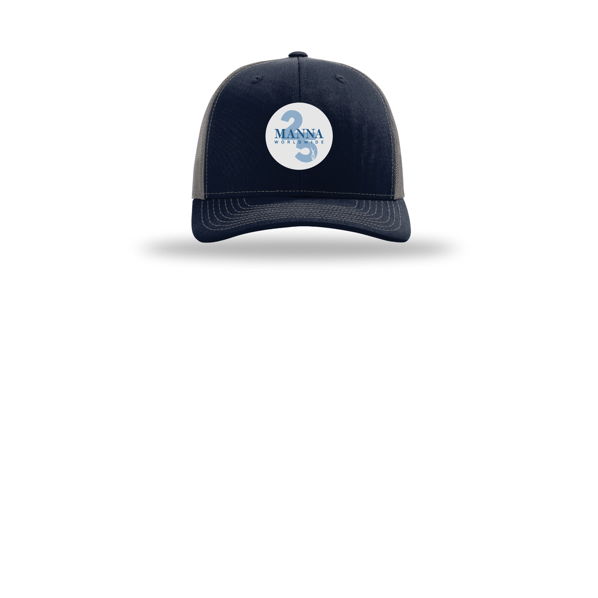 mannaworldwide-richardson-trucker-cap-embroidery-capfront-R112-navycharcoal-flat-front