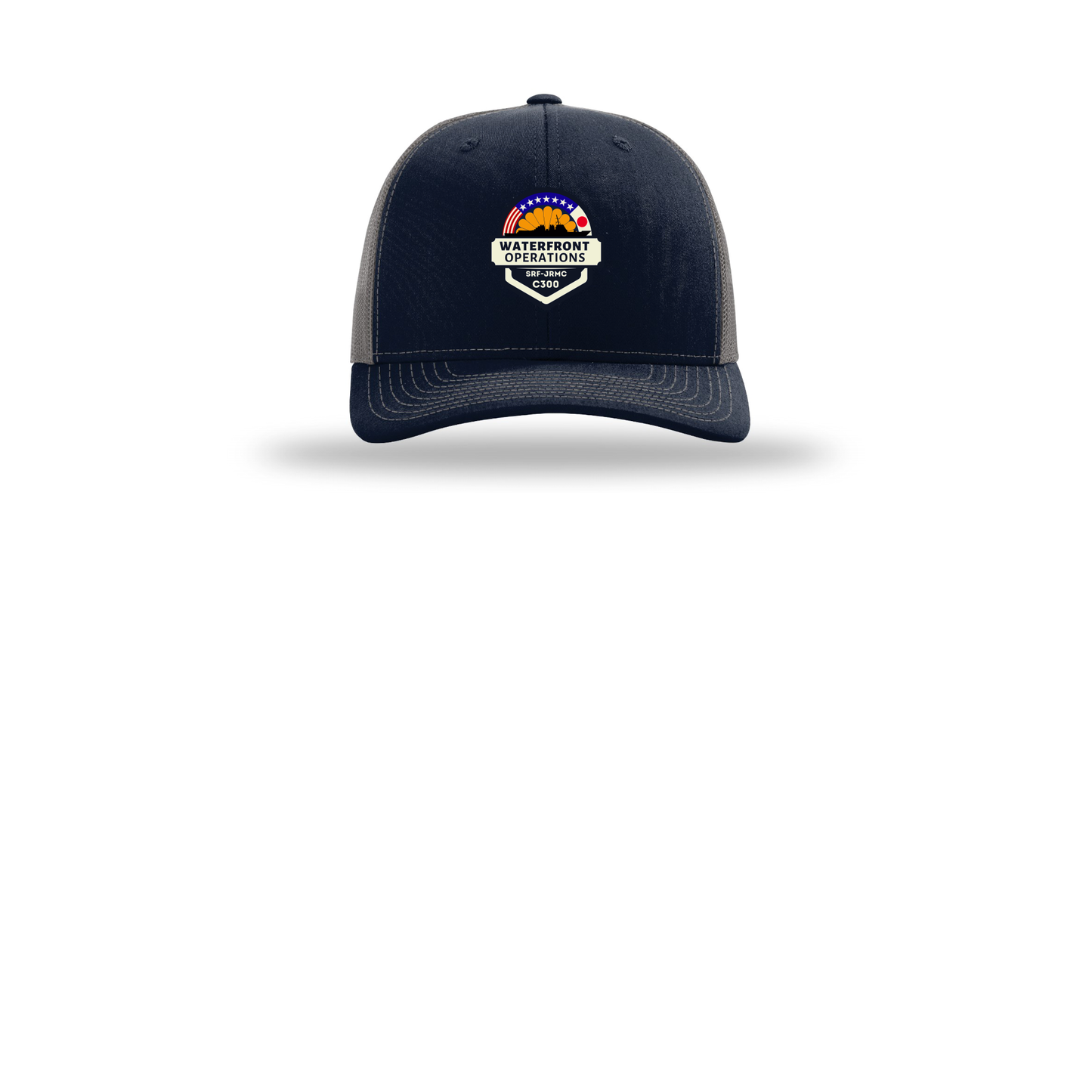 waterfront-operations-retro-trucker-cap-embroidery-capfront-R112-navycharcoal-flat-front