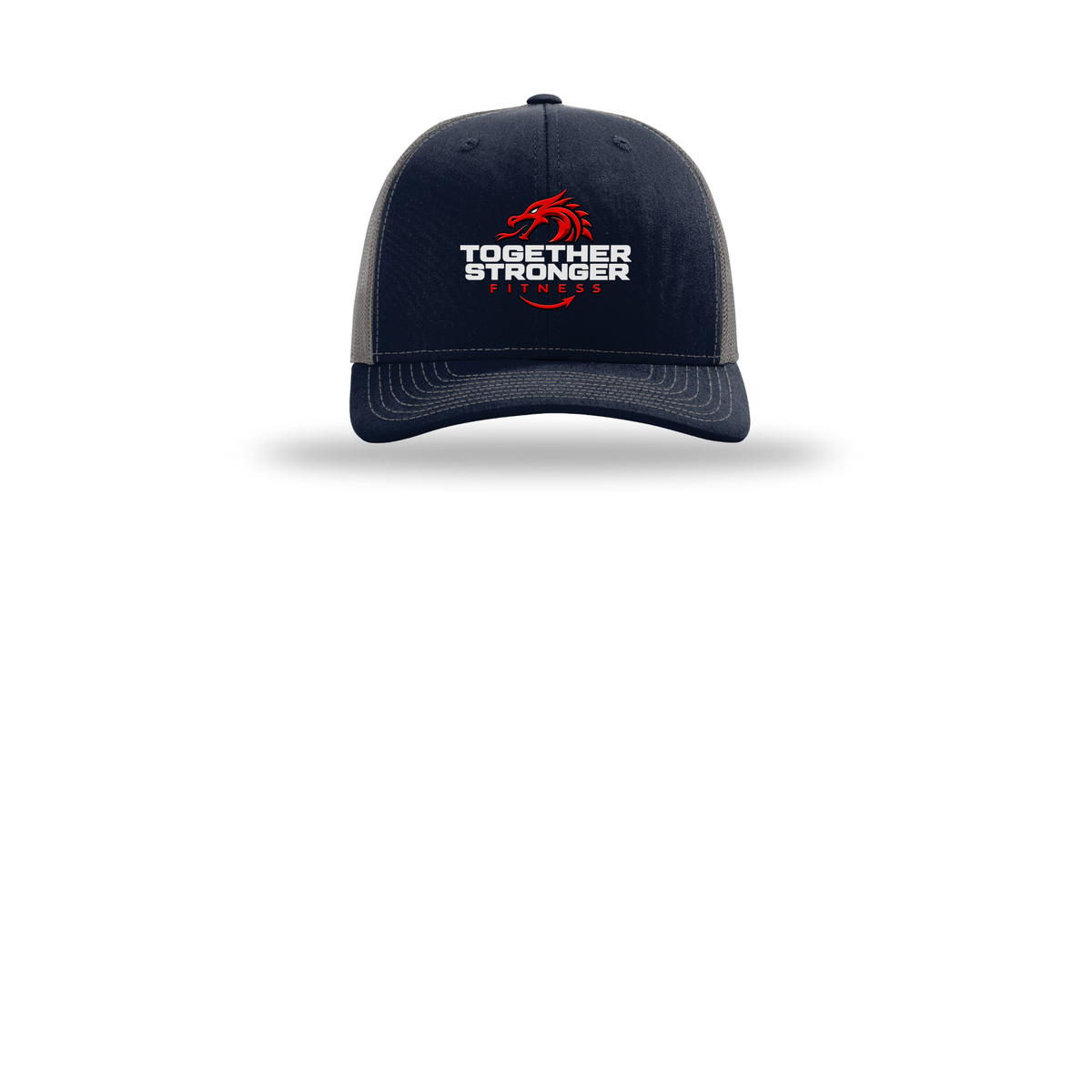 togetherstrongerfitness-richardson-trucker-cap-embroidery-capfront-R112-navycharcoal-flat-front