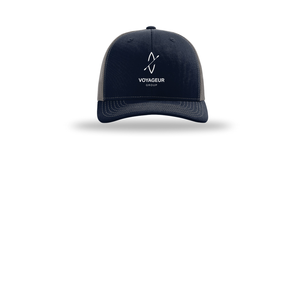 voyageurgroup-richardson-trucker-cap-embroidery-capfront-R112-navycharcoal-flat-front