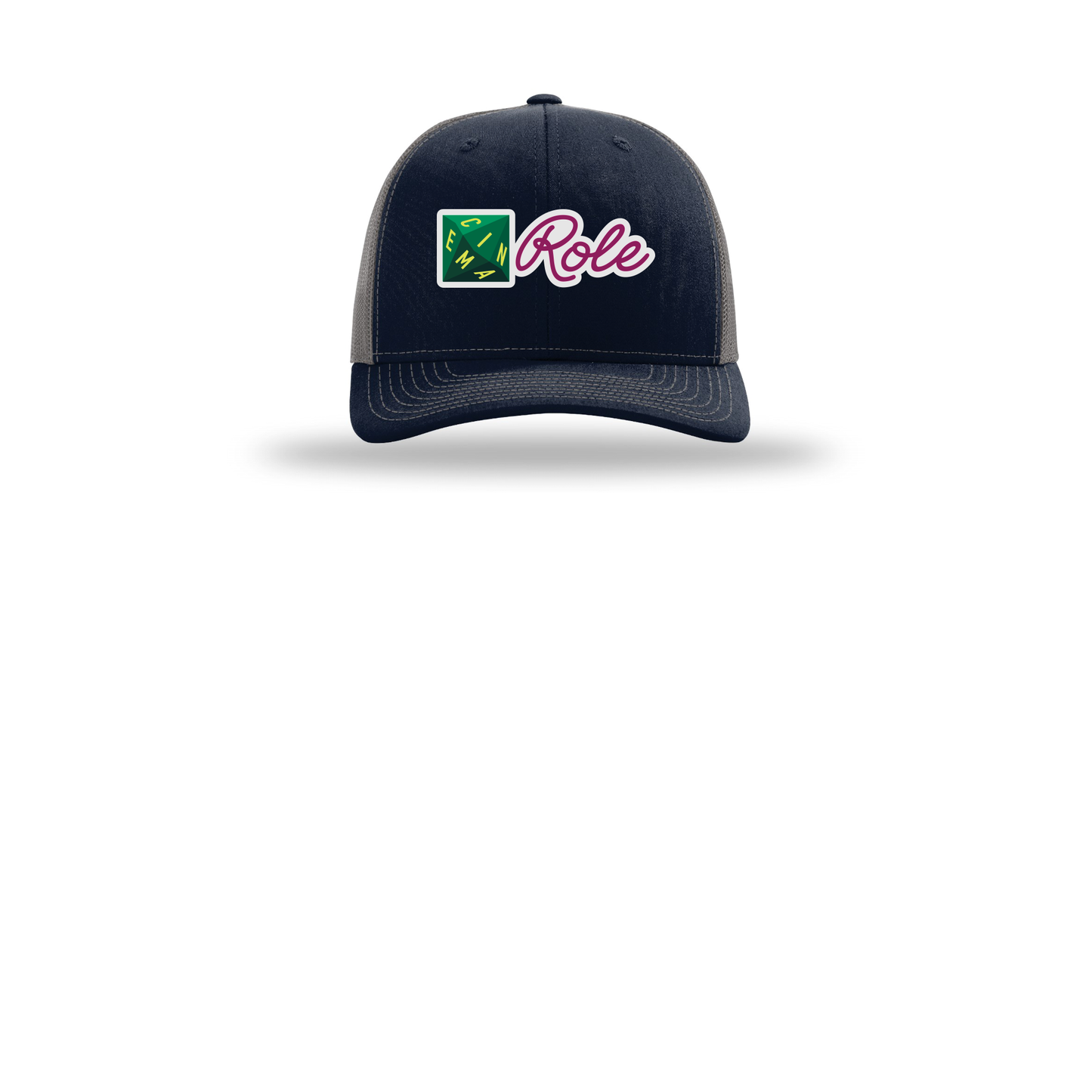 cinemarole-richardson-trucker-cap-embroidery-capfront-R112-navycharcoal-flat-front