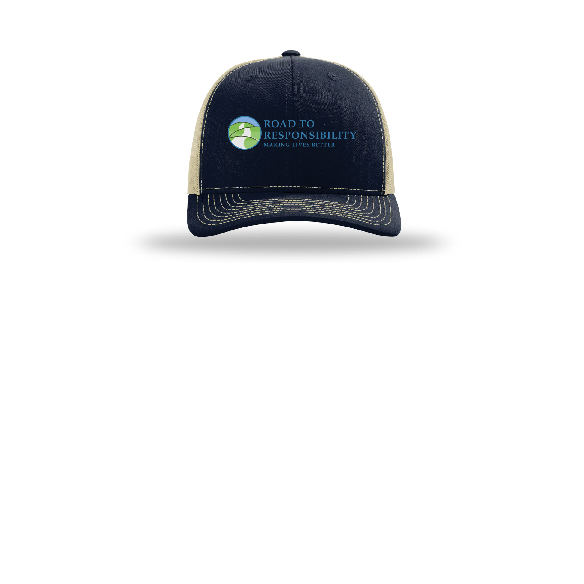 roadtoresponsibility-richardson-trucker-cap-embroidery-capfront-R112-navykhaki-flat-front