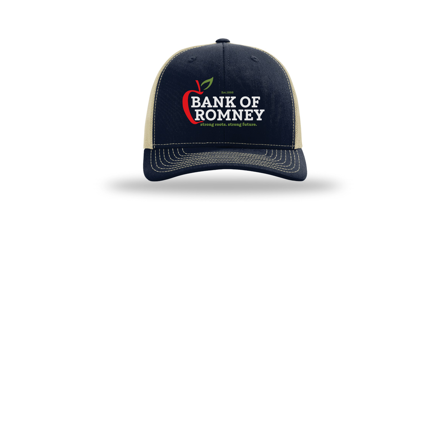 bankofromney-richardson-trucker-cap-embroidery-capfront-R112-navykhaki-flat-front