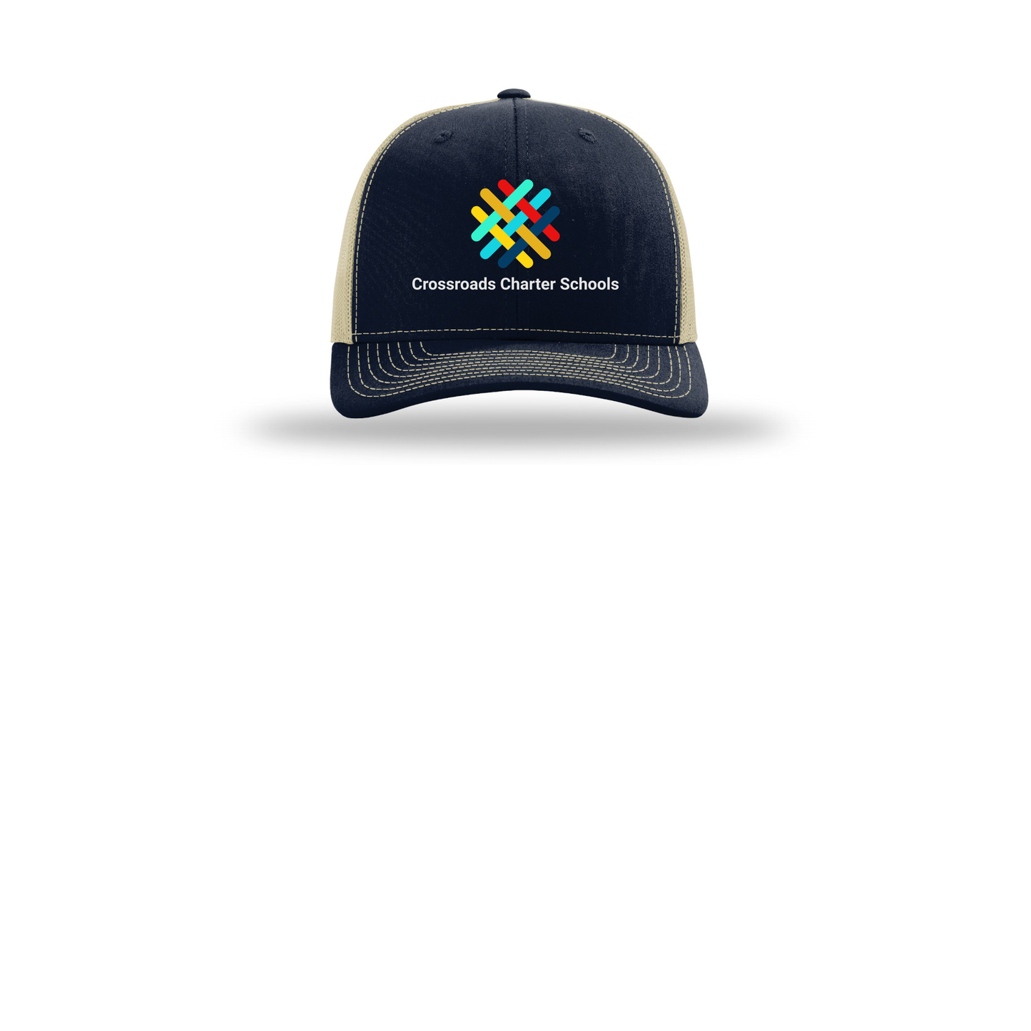crossroadsschoolskc-richardson-trucker-cap-embroidery-capfront-R112-navykhaki-flat-front