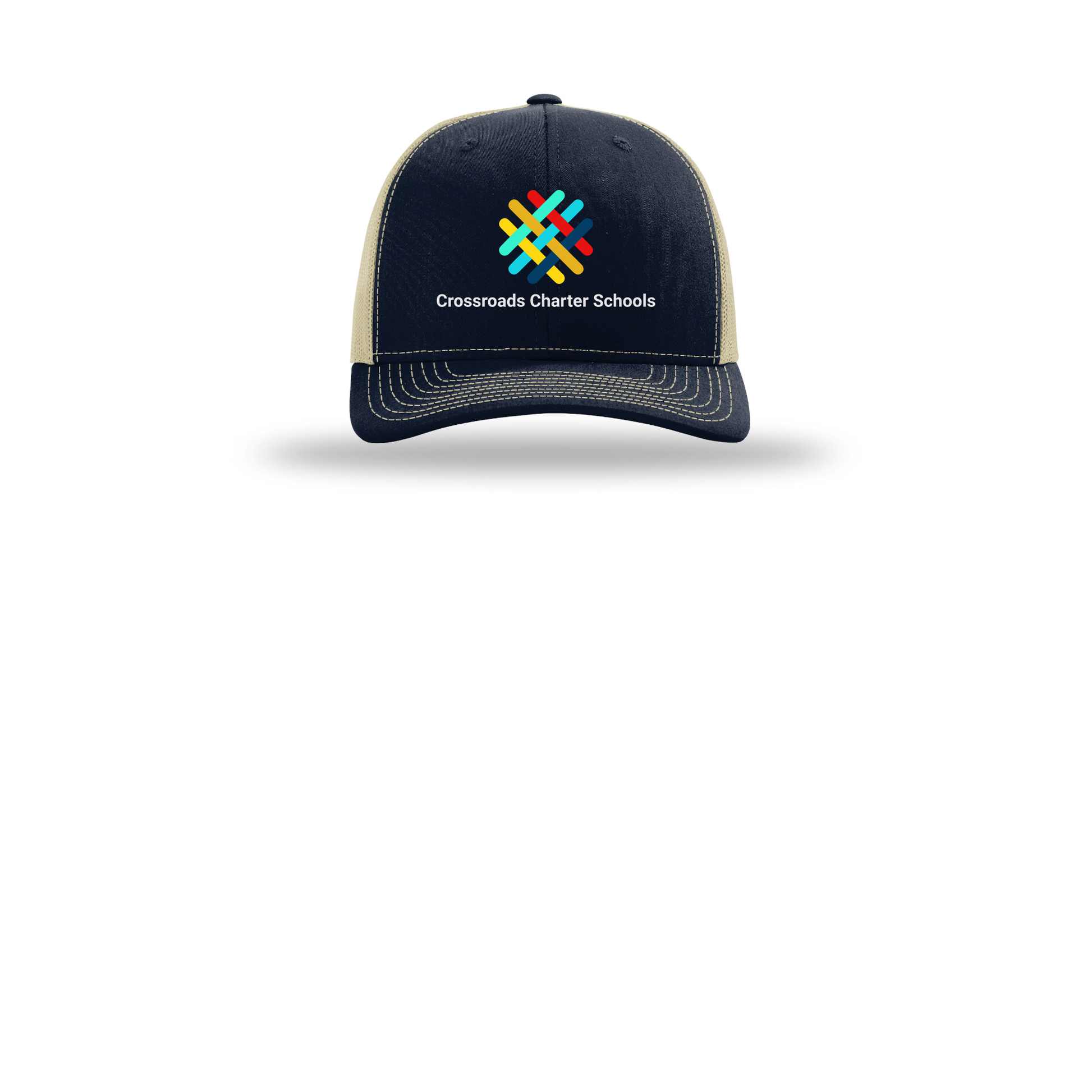 crossroadsschoolskc-richardson-trucker-cap-embroidery-capfront-R112-navykhaki-flat-front
