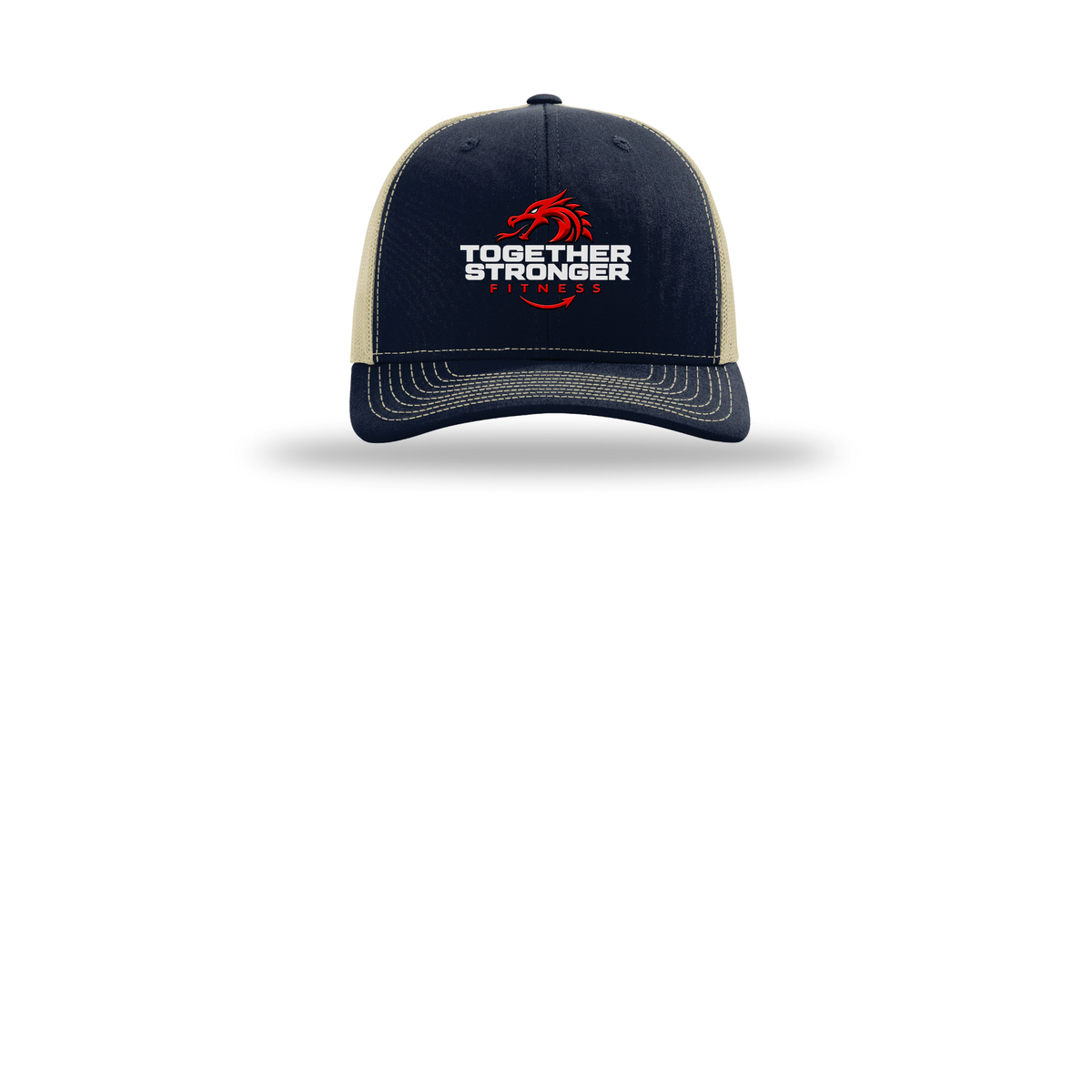 togetherstrongerfitness-richardson-trucker-cap-embroidery-capfront-R112-navykhaki-flat-front