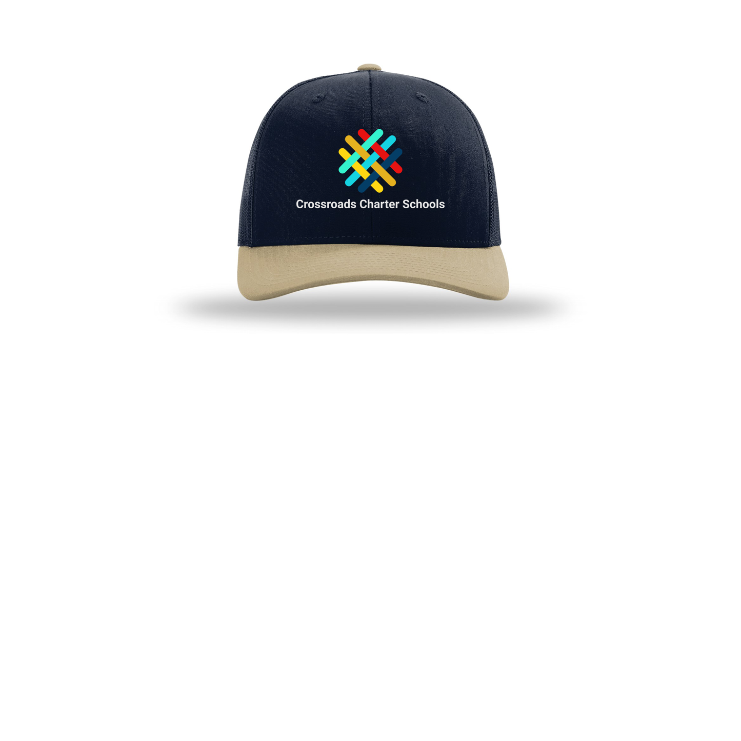 crossroadsschoolskc-richardson-trucker-cap-embroidery-capfront-R112-navynavykhaki-flat-front