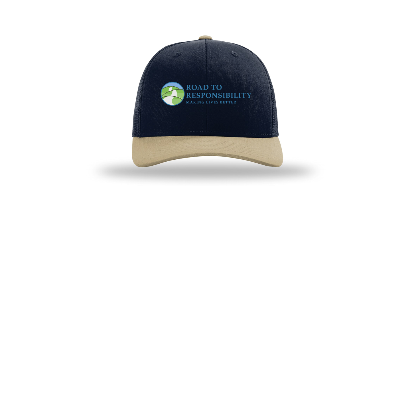 roadtoresponsibility-richardson-trucker-cap-embroidery-capfront-R112-navynavykhaki-flat-front