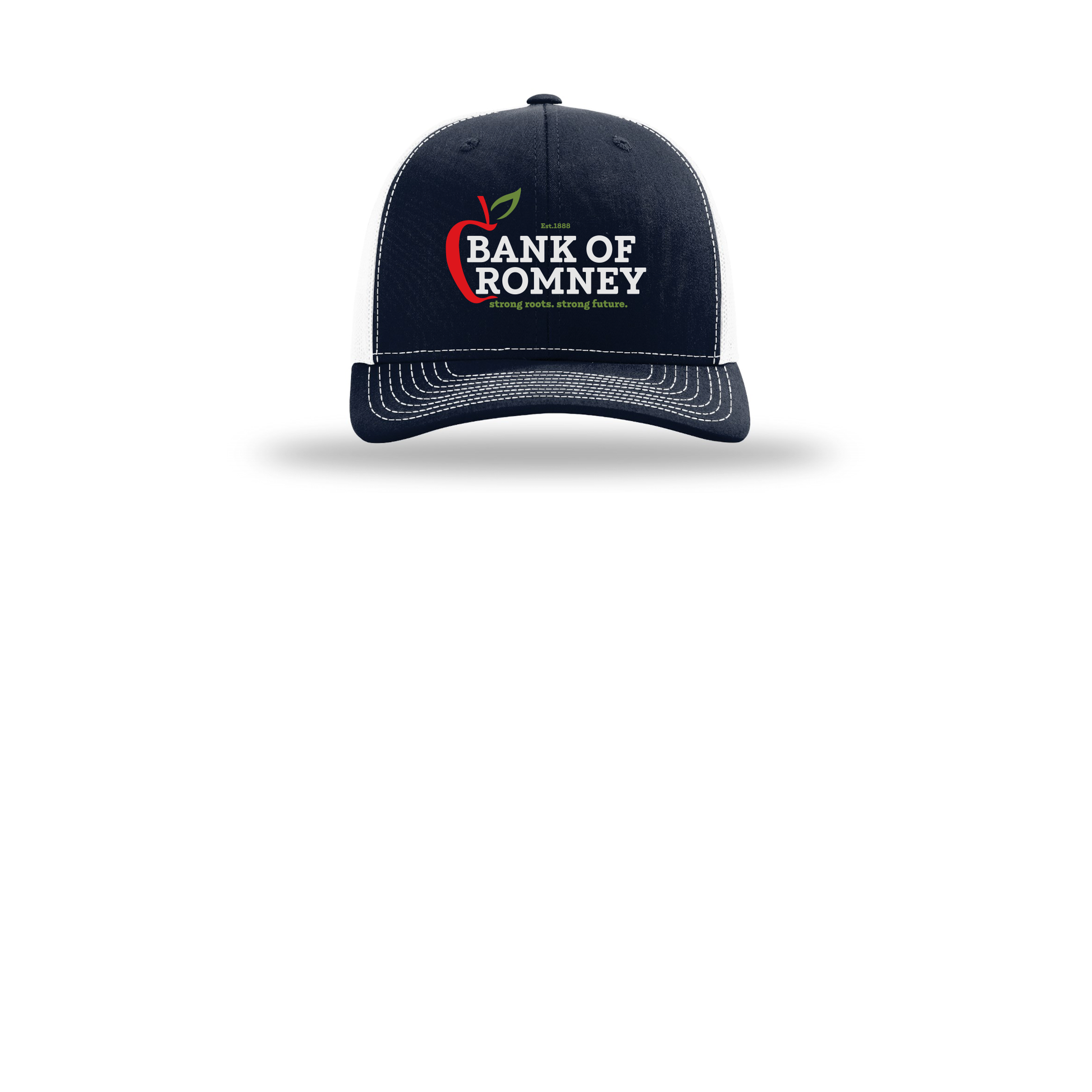 bankofromney-richardson-trucker-cap-embroidery-capfront-R112-navywhite-flat-front