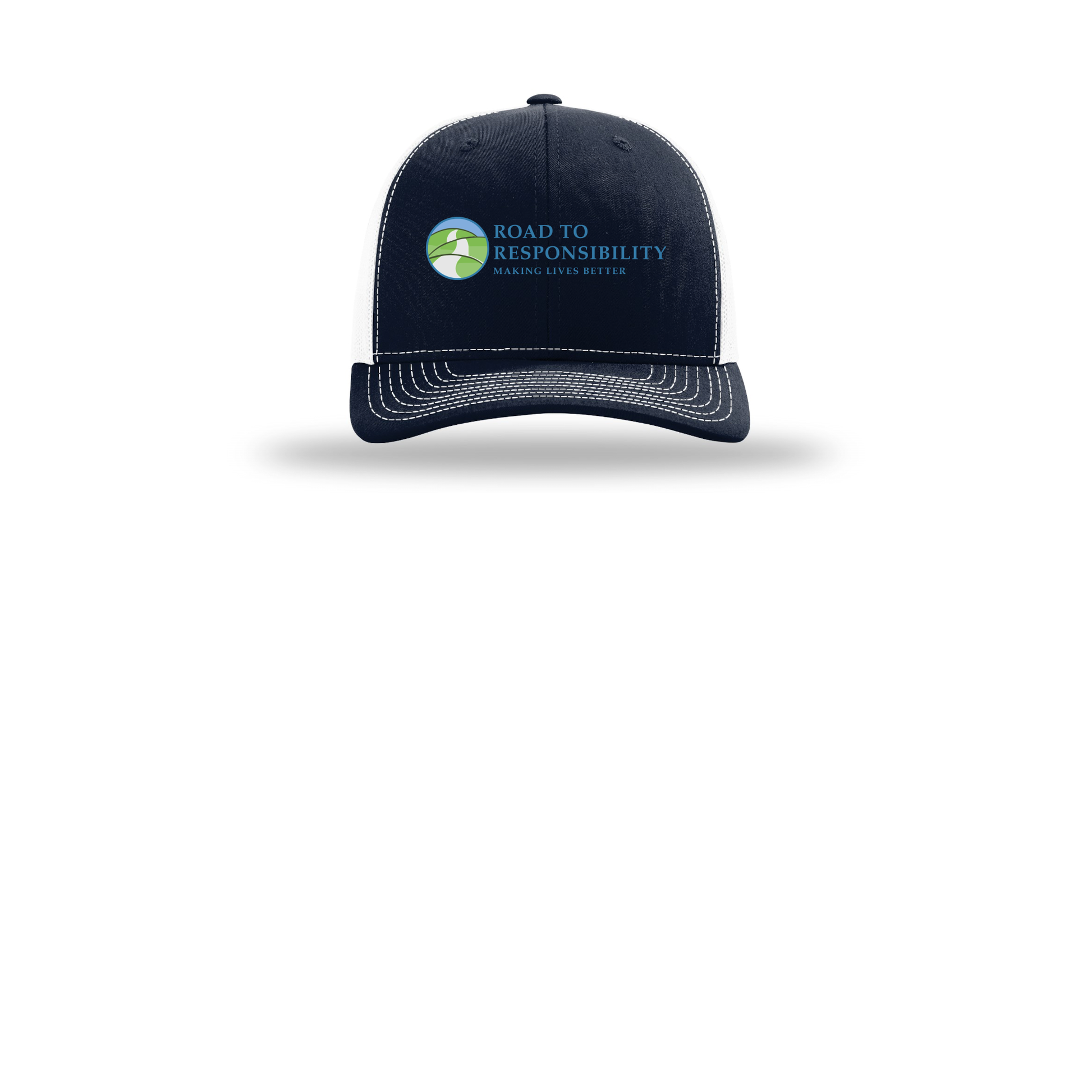 roadtoresponsibility-richardson-trucker-cap-embroidery-capfront-R112-navywhite-flat-front
