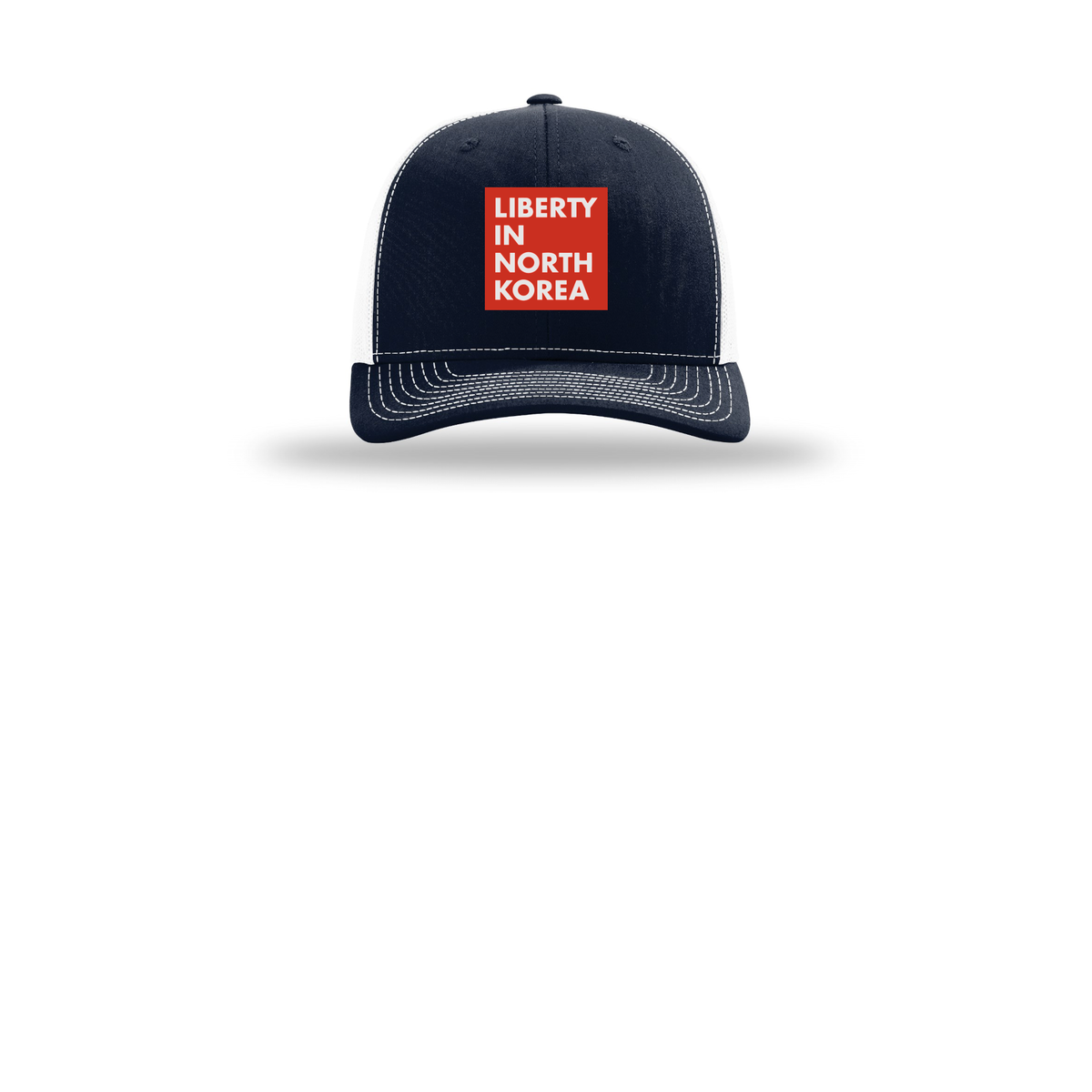 libertyinnorthkorea-richardson-trucker-cap-embroidery-capfront-R112-navywhite-flat-front