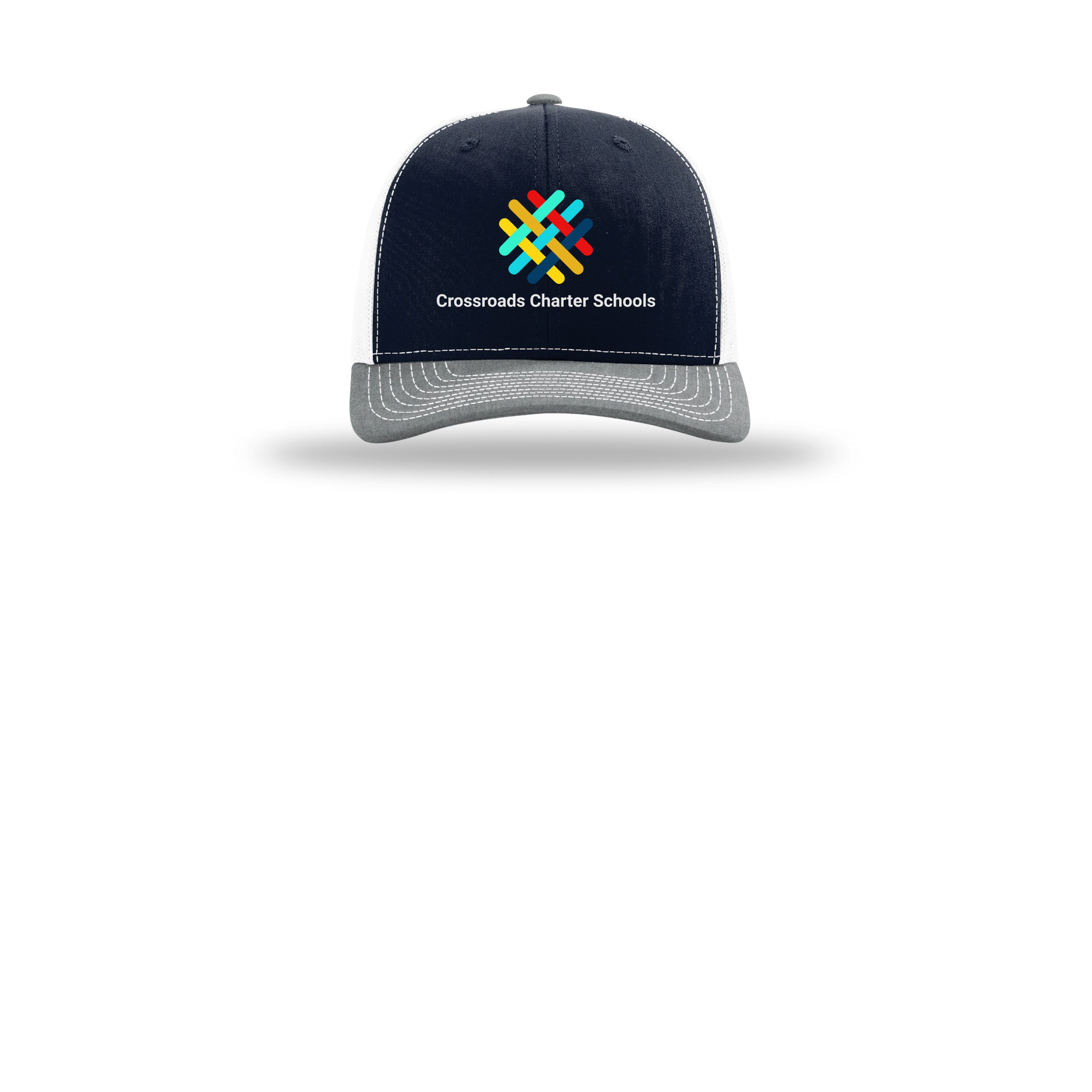 crossroadsschoolskc-richardson-trucker-cap-embroidery-capfront-R112-navywhiteheathergrey-flat-front