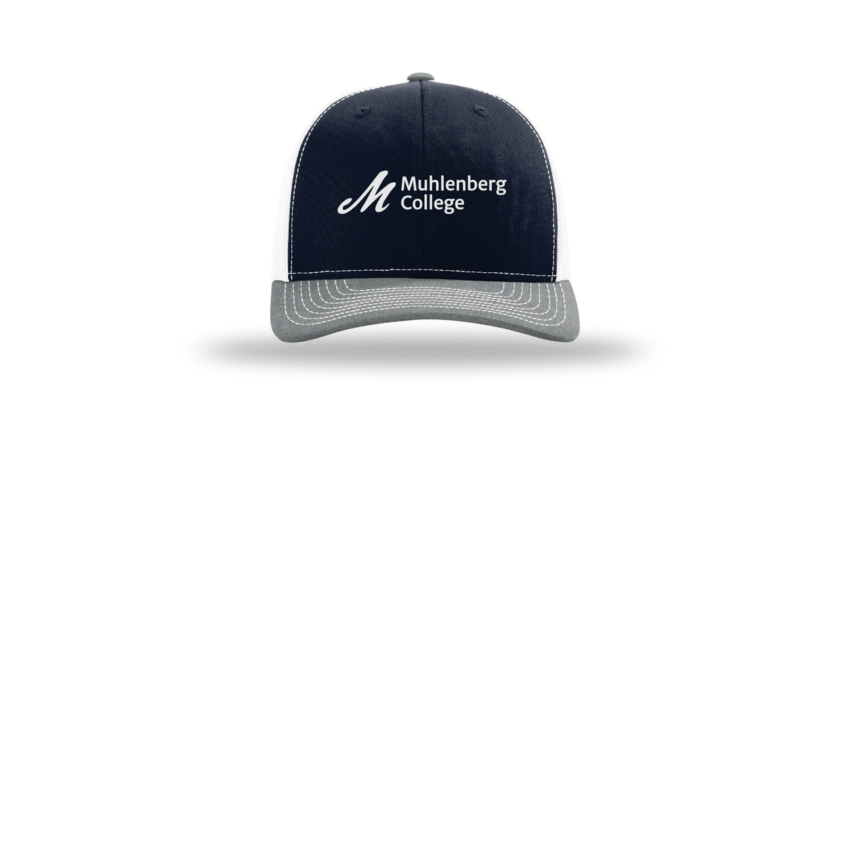 muhlenberg-richardson-trucker-cap-embroidery-capfront-R112-navywhiteheathergrey-flat-front