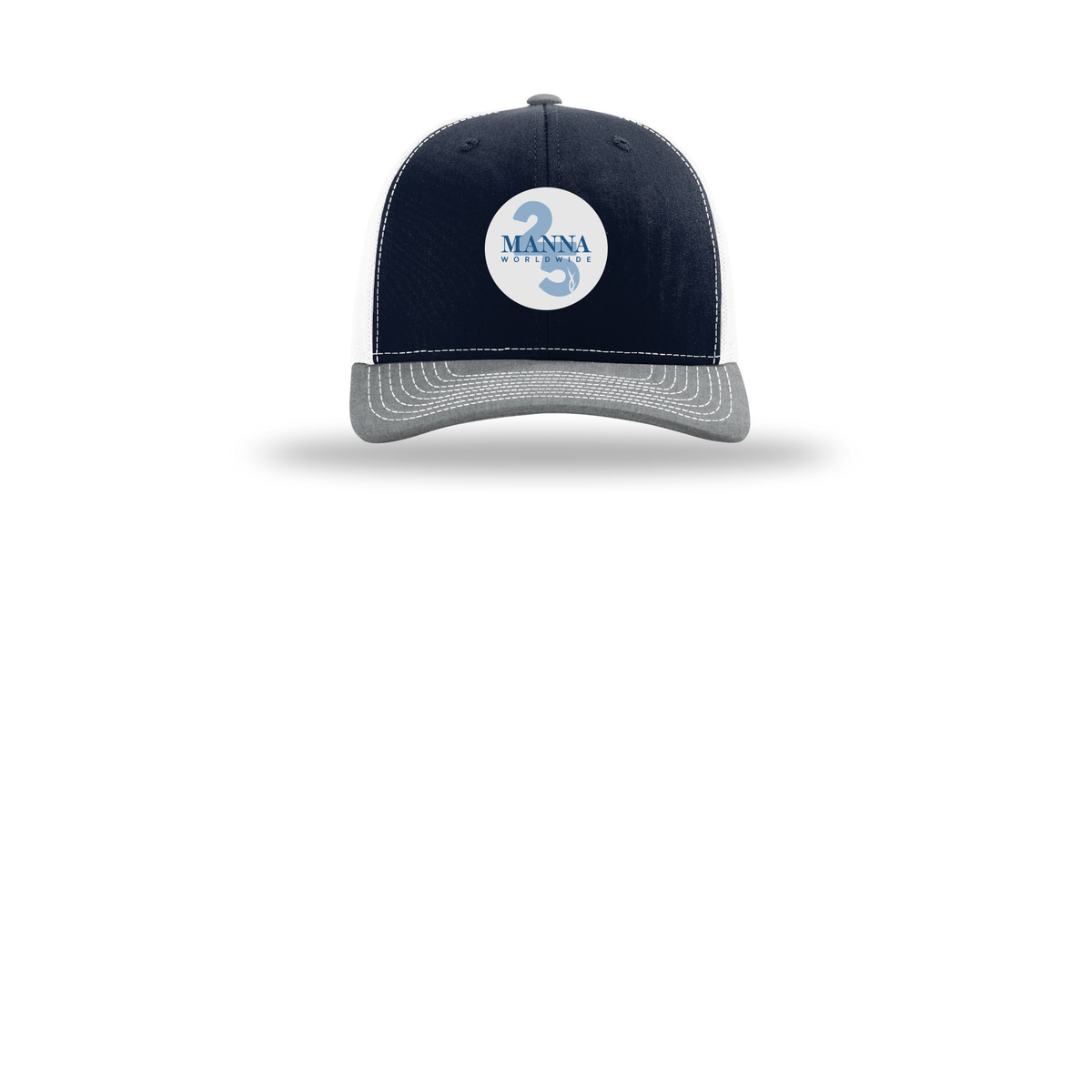 mannaworldwide-richardson-trucker-cap-embroidery-capfront-R112-navywhiteheathergrey-flat-front