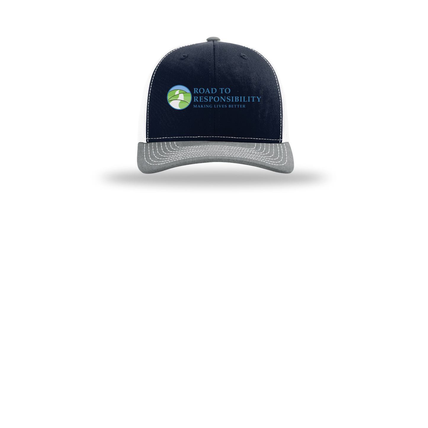 roadtoresponsibility-richardson-trucker-cap-embroidery-capfront-R112-navywhiteheathergrey-flat-front