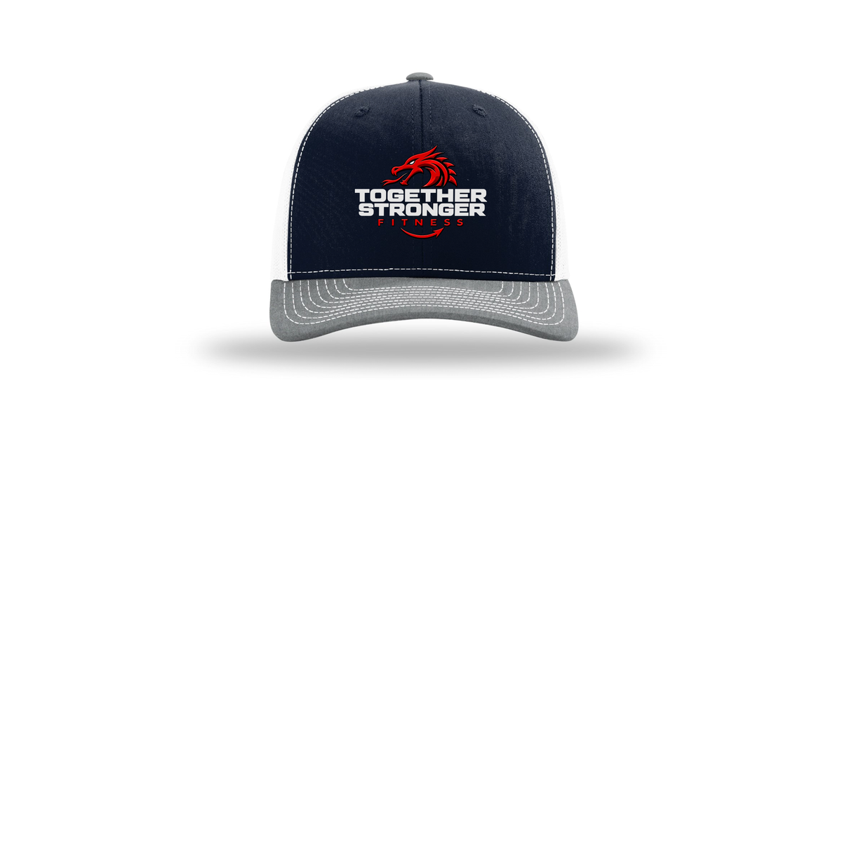 togetherstrongerfitness-richardson-trucker-cap-embroidery-capfront-R112-navywhiteheathergrey-flat-front