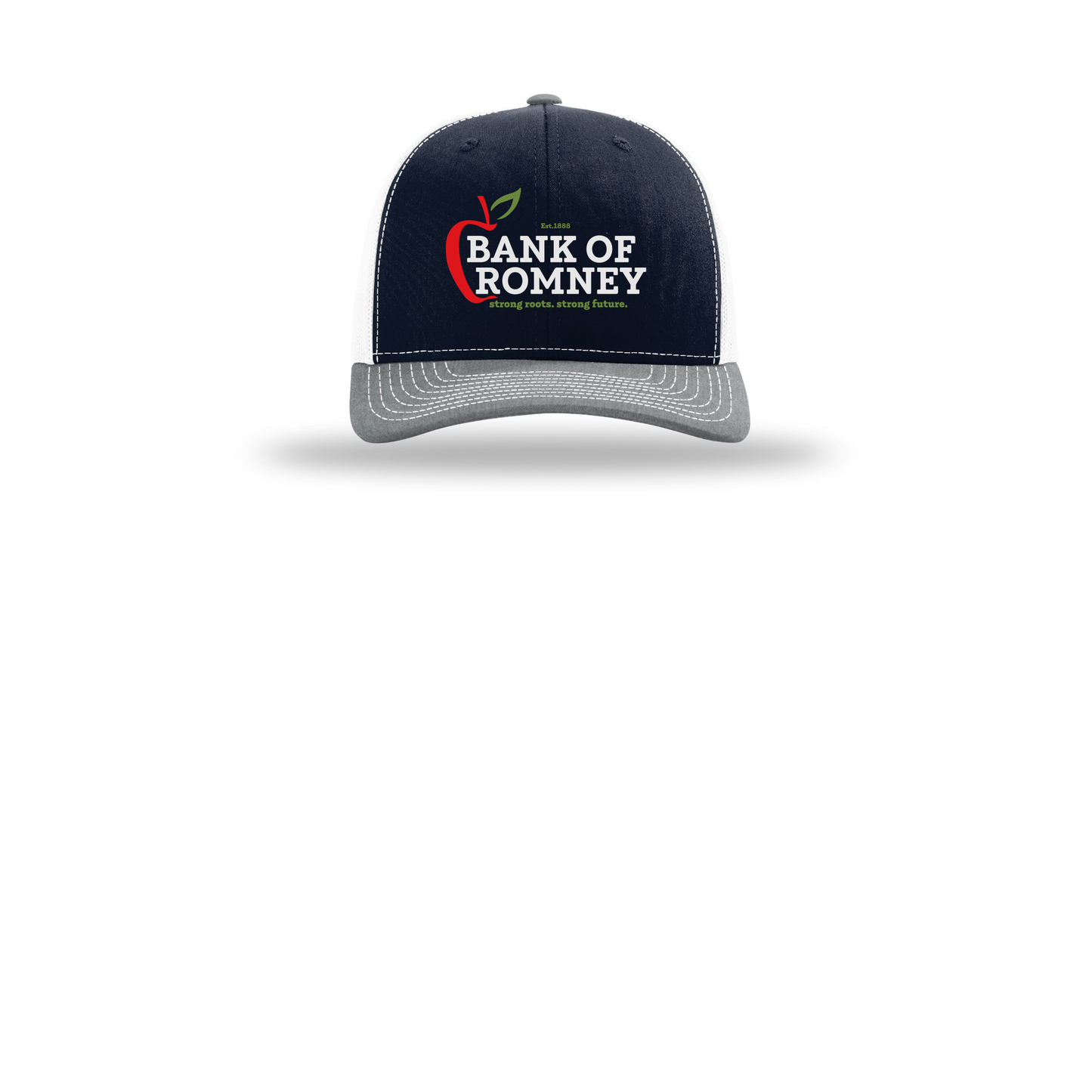 bankofromney-richardson-trucker-cap-embroidery-capfront-R112-navywhiteheathergrey-flat-front