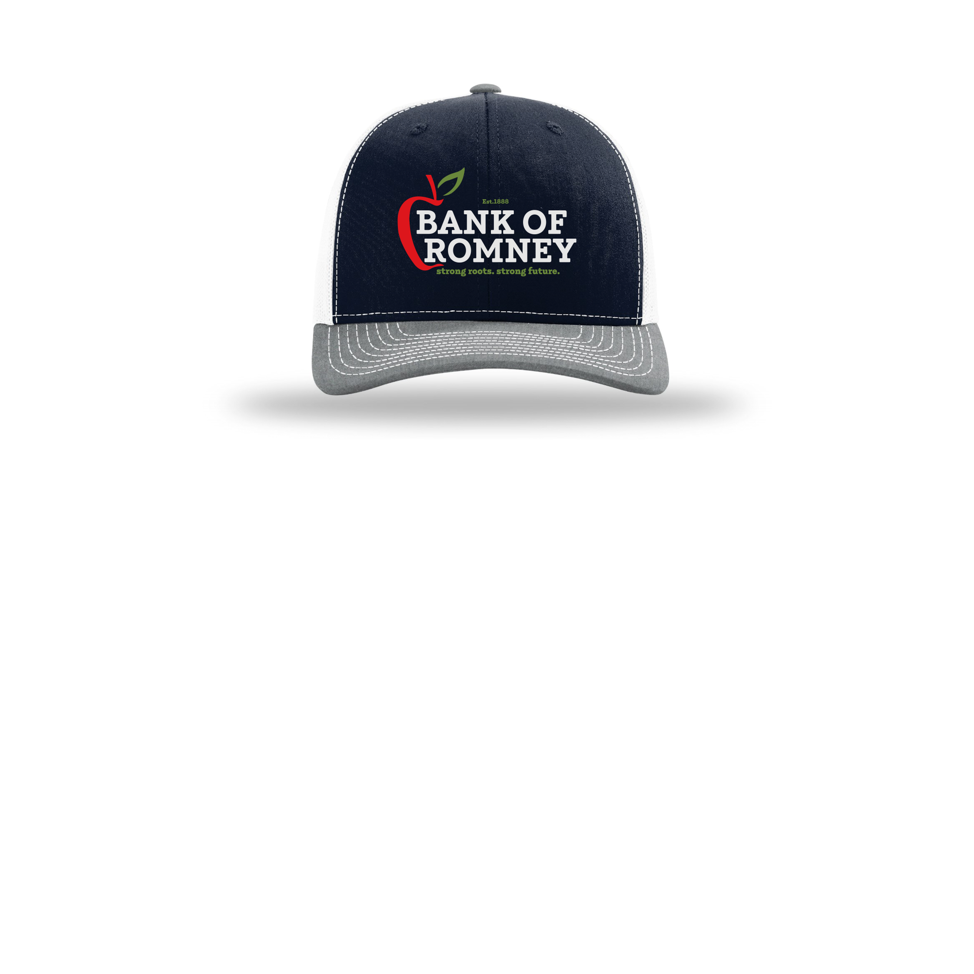 bankofromney-richardson-trucker-cap-embroidery-capfront-R112-navywhiteheathergrey-flat-front