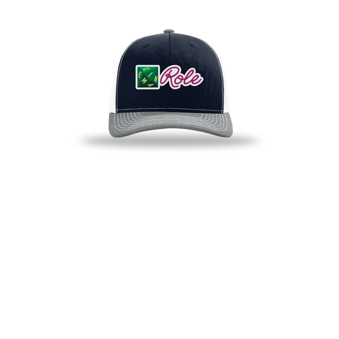 cinemarole-richardson-trucker-cap-embroidery-capfront-R112-navywhiteheathergrey-flat-front