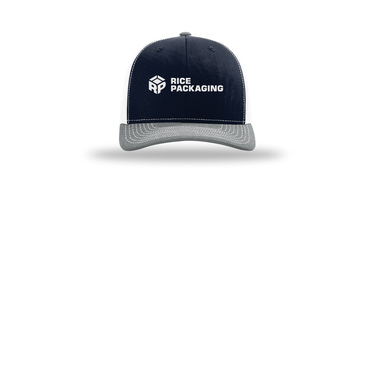 ricepackaging-richardson-trucker-cap-embroidery-capfront-R112-navywhiteheathergrey-flat-front