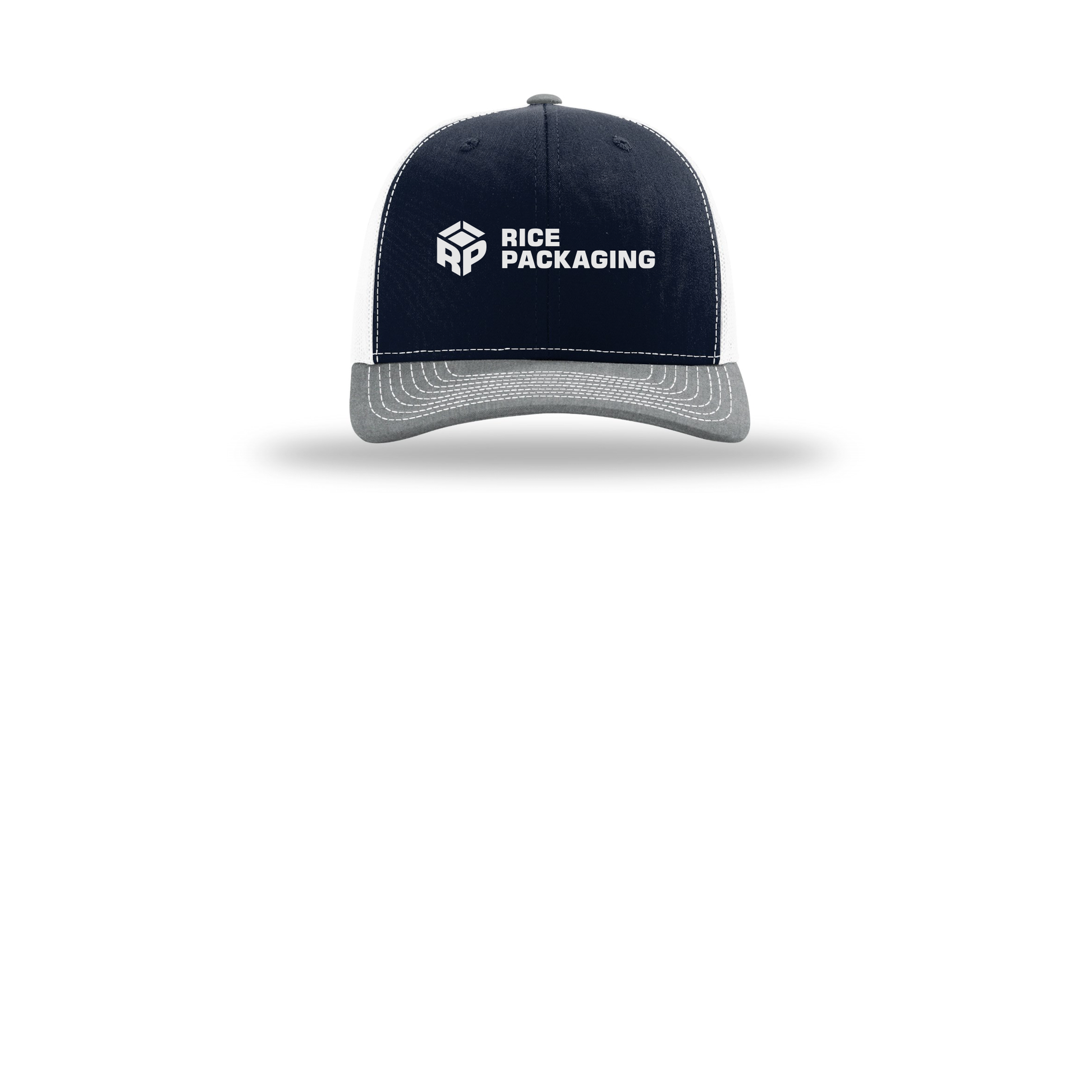 ricepackaging-richardson-trucker-cap-embroidery-capfront-R112-navywhiteheathergrey-flat-front