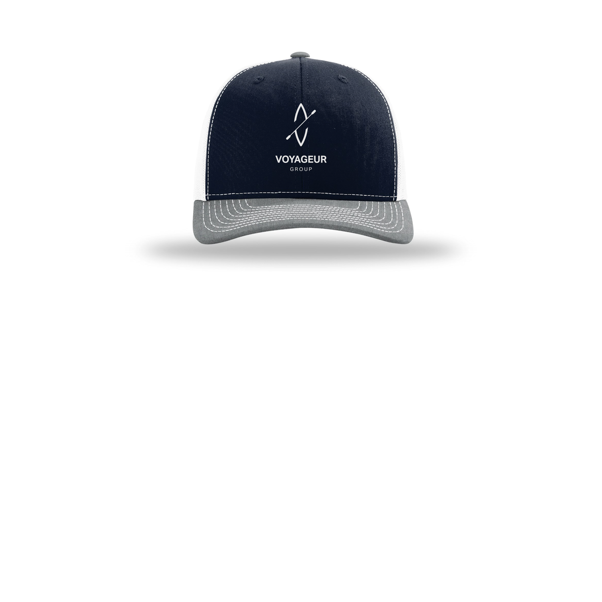 voyageurgroup-richardson-trucker-cap-embroidery-capfront-R112-navywhiteheathergrey-flat-front