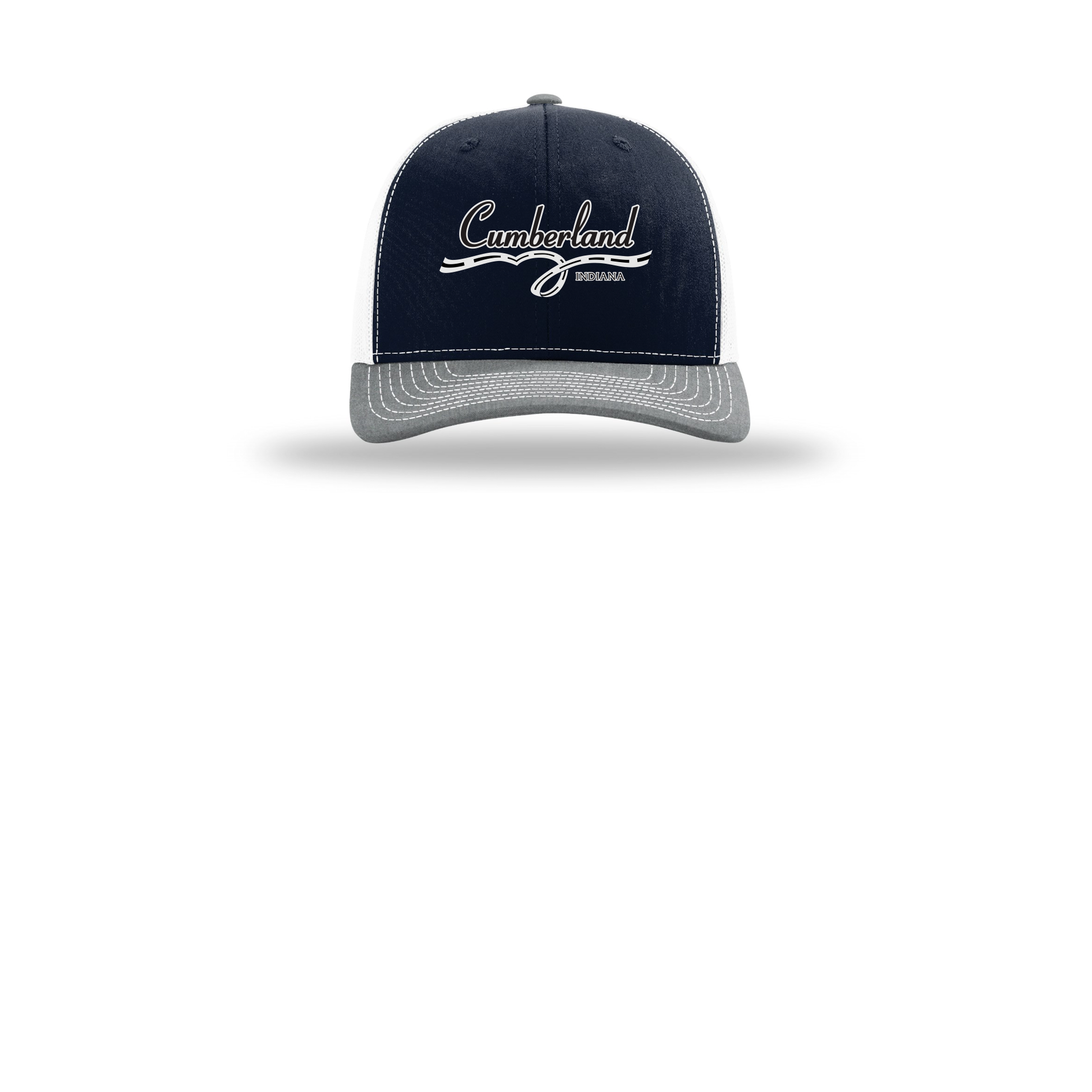 cumberland-richardson-trucker-cap-embroidery-capfront-R112-navywhiteheathergrey-flat-front