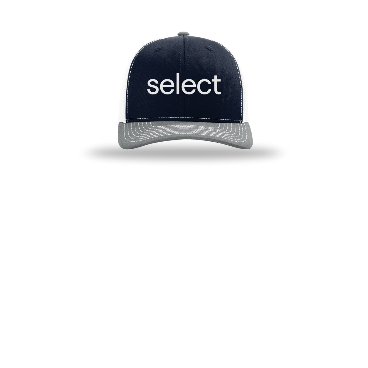 meetselect-richardson-trucker-cap-embroidery-capfront-R112-navywhiteheathergrey-flat-front