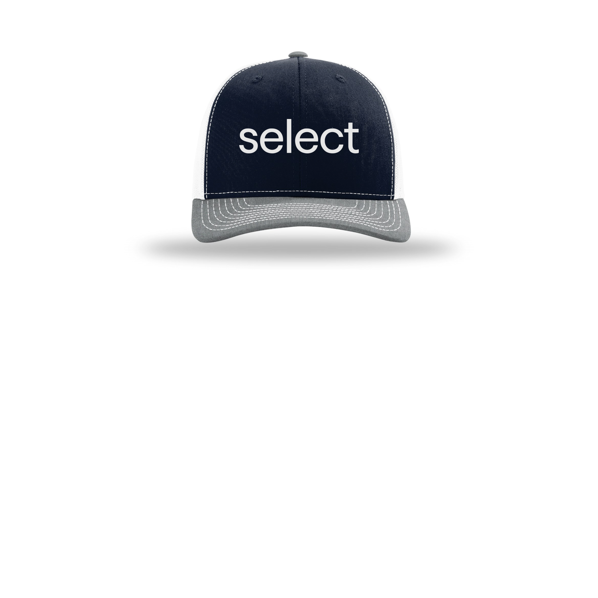 meetselect-richardson-trucker-cap-embroidery-capfront-R112-navywhiteheathergrey-flat-front