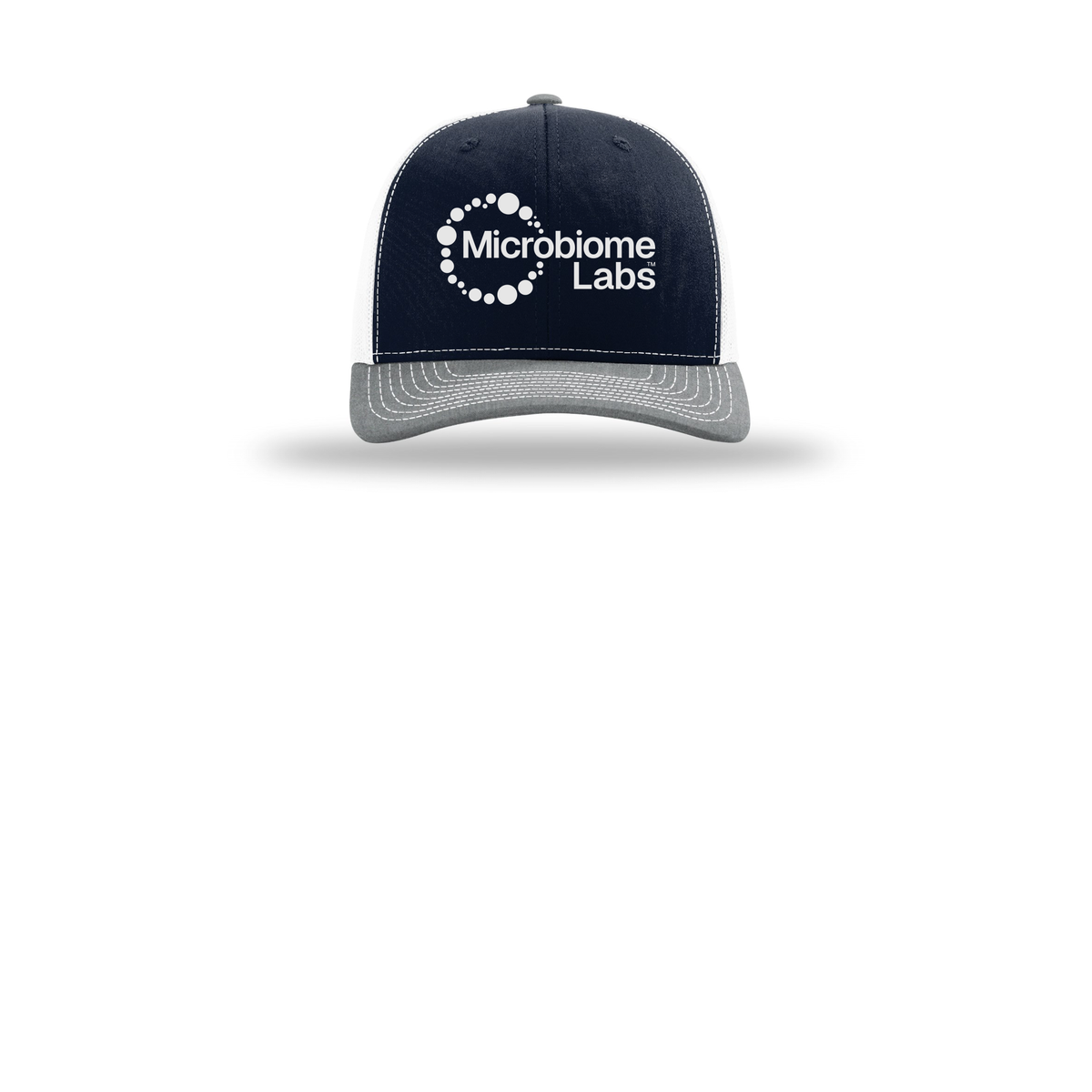 microbiomelabs-richardson-trucker-cap-embroidery-capfront-R112-navywhiteheathergrey-flat-front