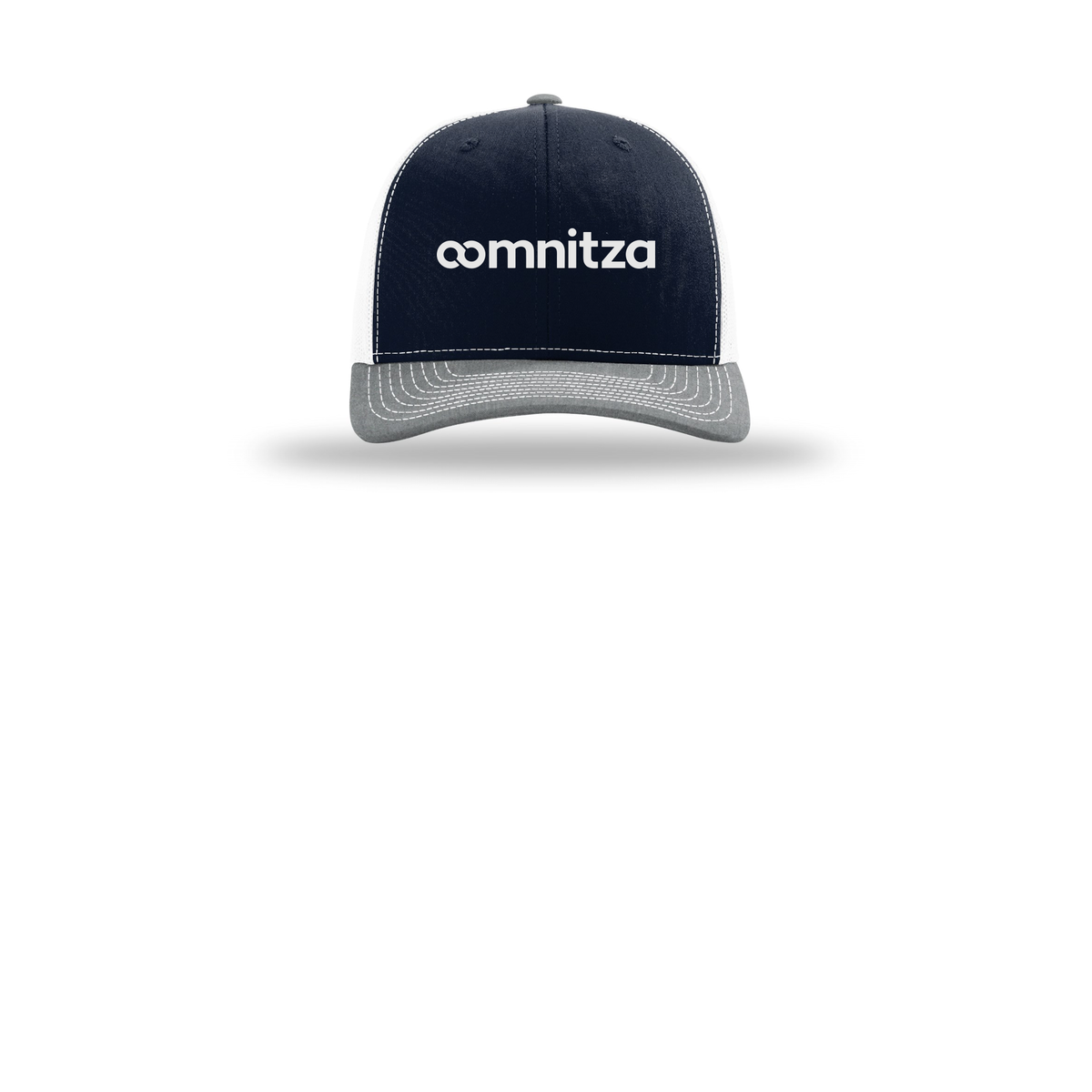 oomnitza-richardson-trucker-cap-embroidery-capfront-R112-navywhiteheathergrey-flat-front
