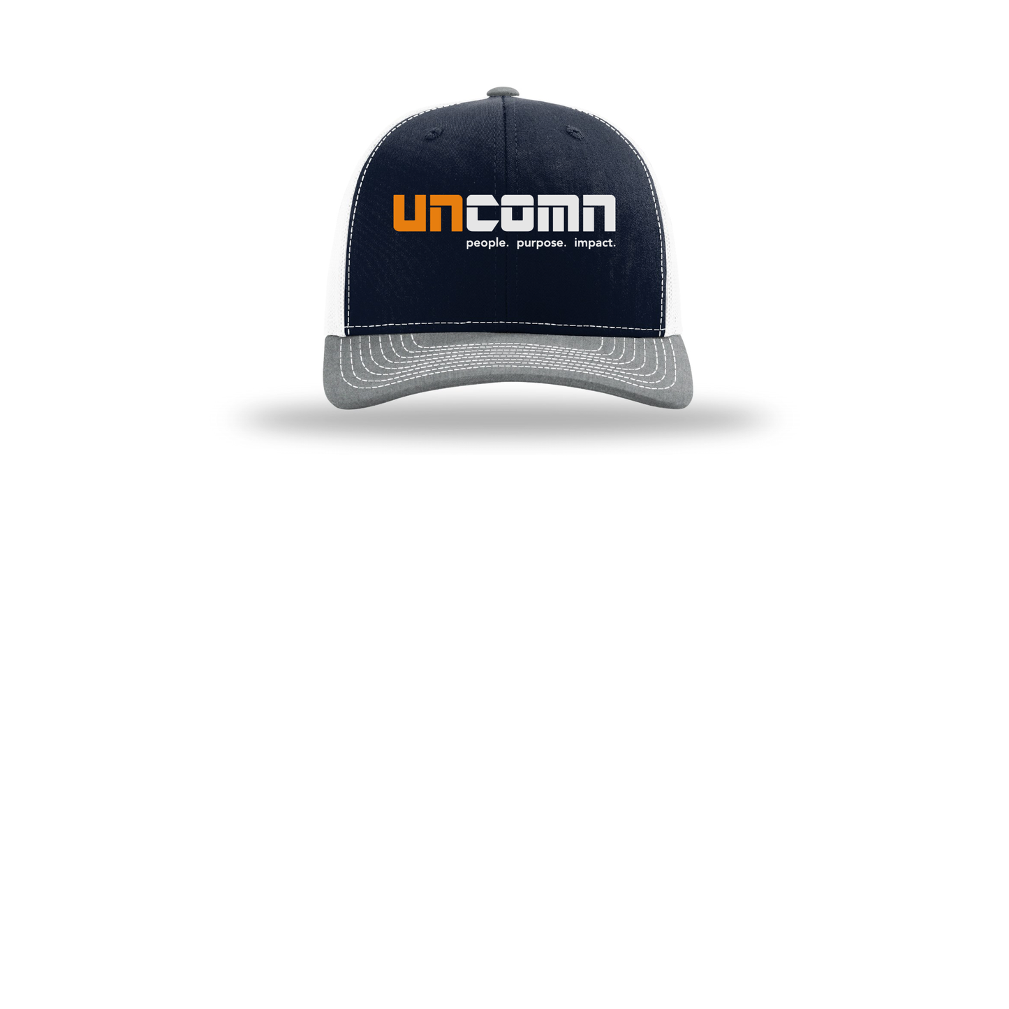 uncomn-richardson-trucker-cap-embroidery-capfront-R112-navywhiteheathergrey-flat-front