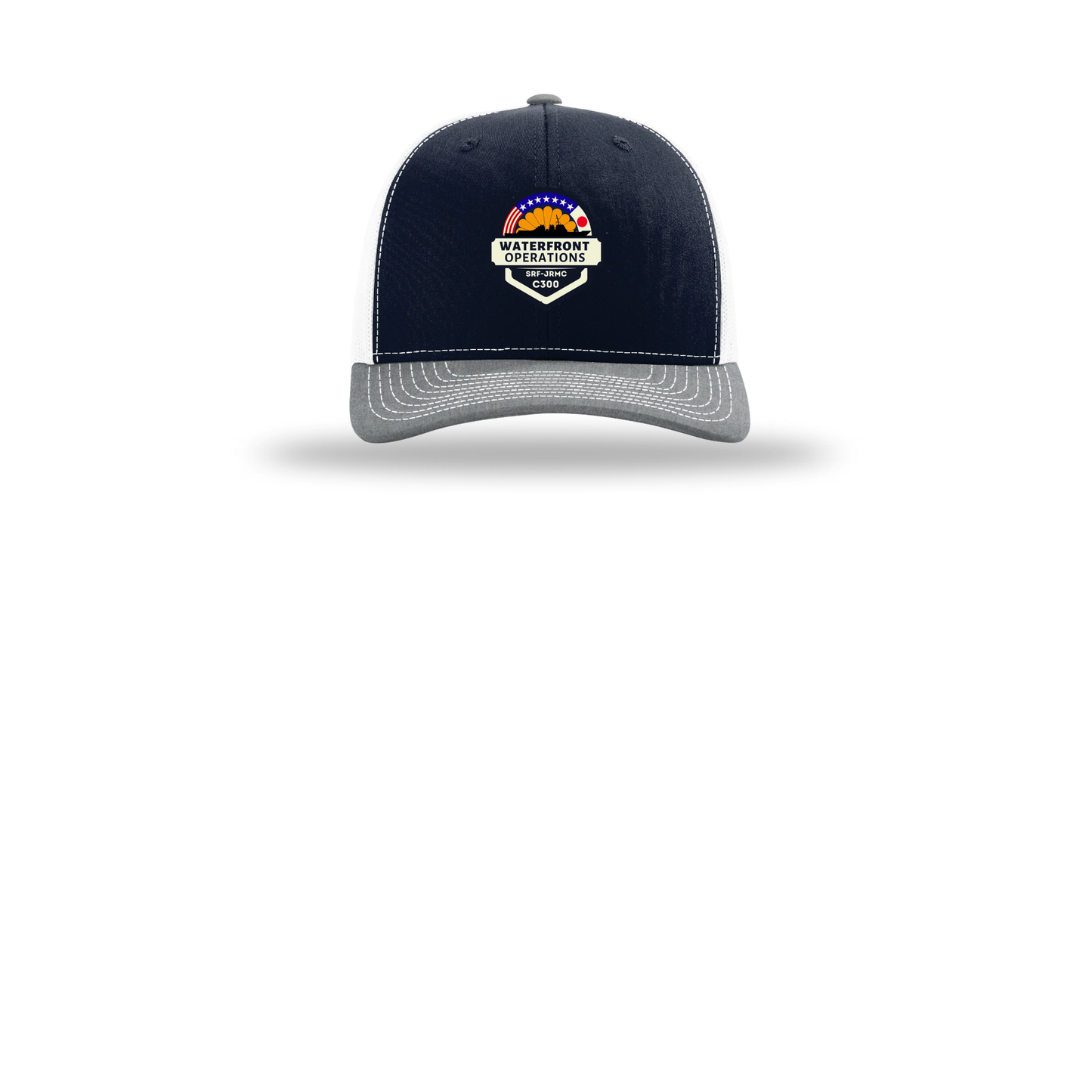 waterfront-operations-retro-trucker-cap-embroidery-capfront-R112-navywhiteheathergrey-flat-front