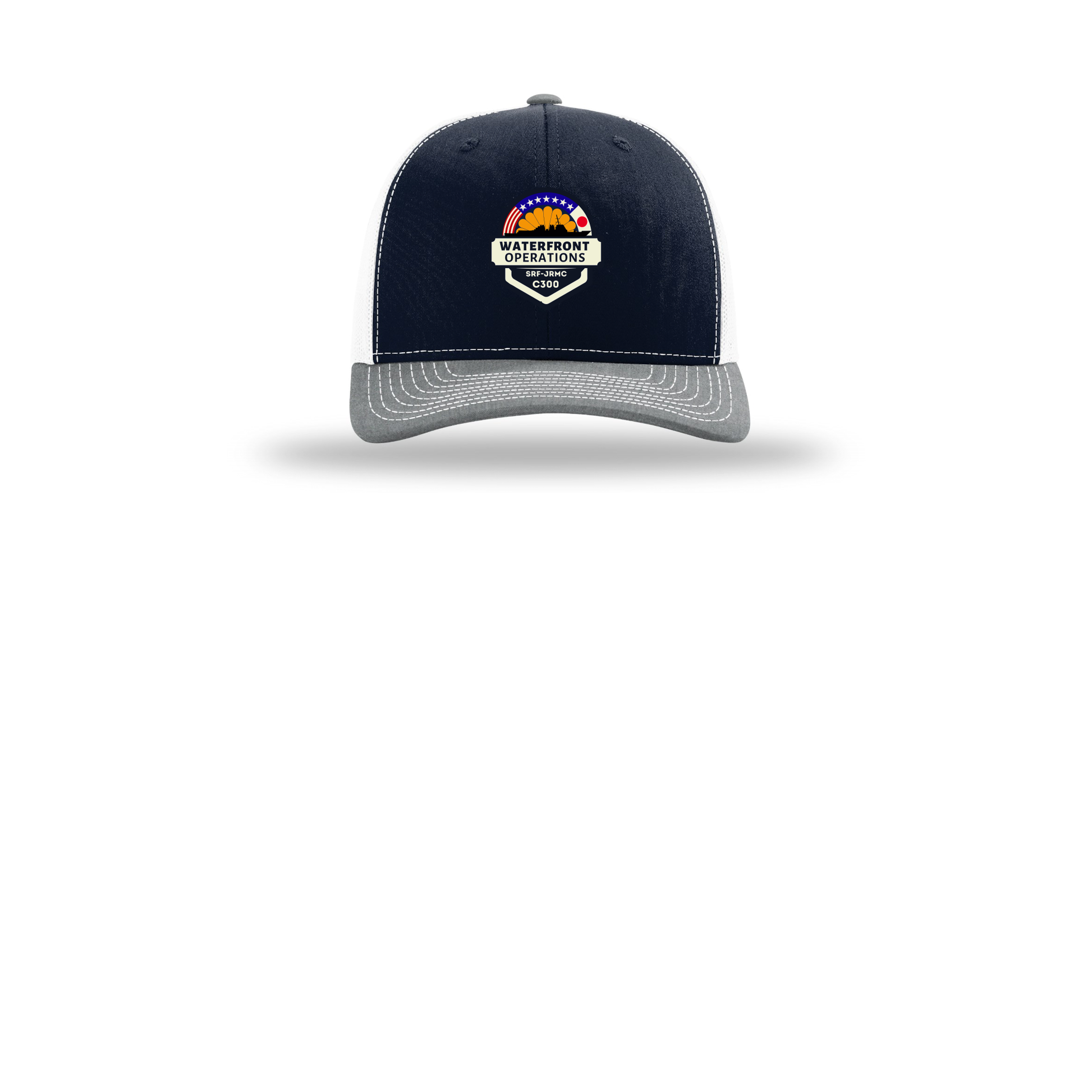 waterfront-operations-retro-trucker-cap-embroidery-capfront-R112-navywhiteheathergrey-flat-front