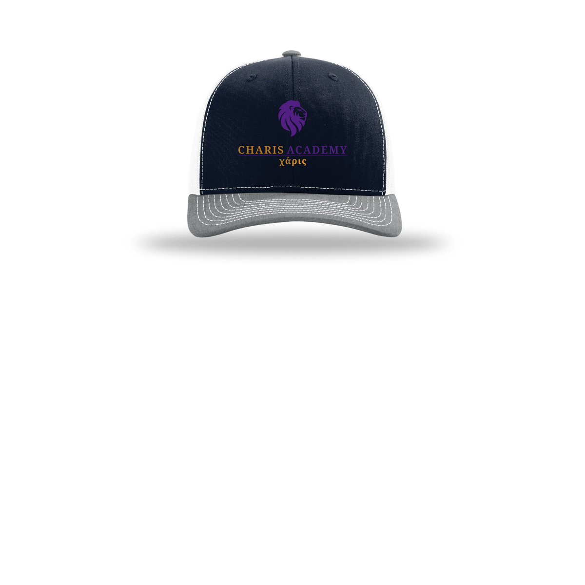 cahazleton-richardson-trucker-cap-embroidery-capfront-R112-navywhiteheathergrey-flat-front