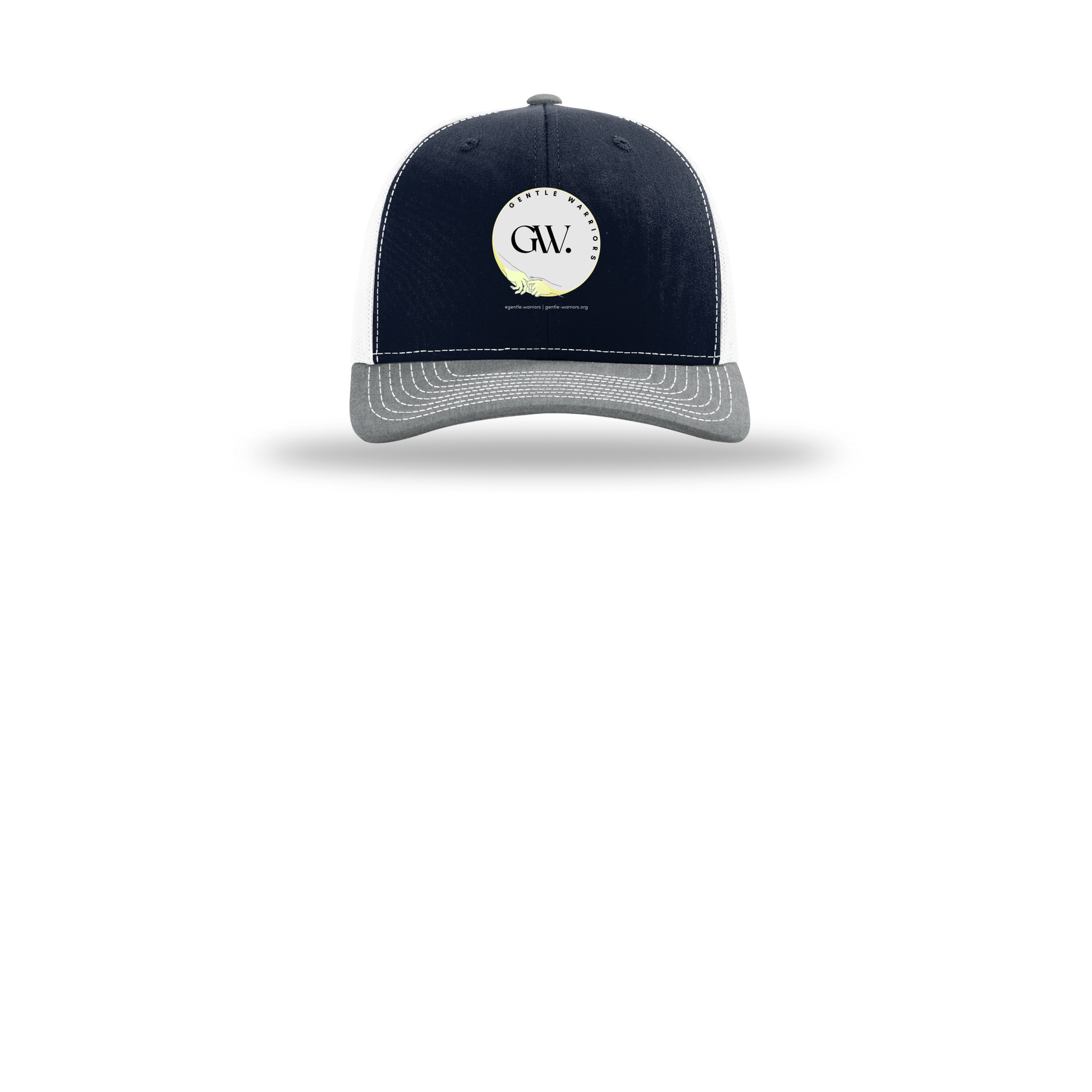 gentle-warriors-richardson-trucker-cap-embroidery-capfront-R112-navywhiteheathergrey-flat-front