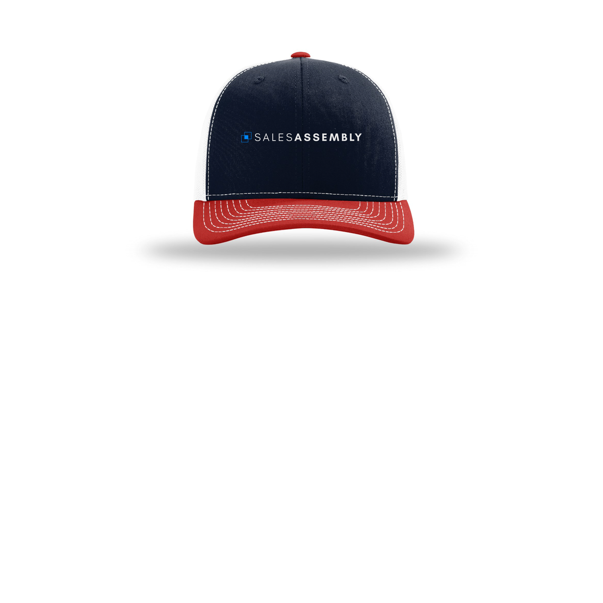 salesassembly-richardson-trucker-cap-embroidery-capfront-R112-navywhitered-flat-front